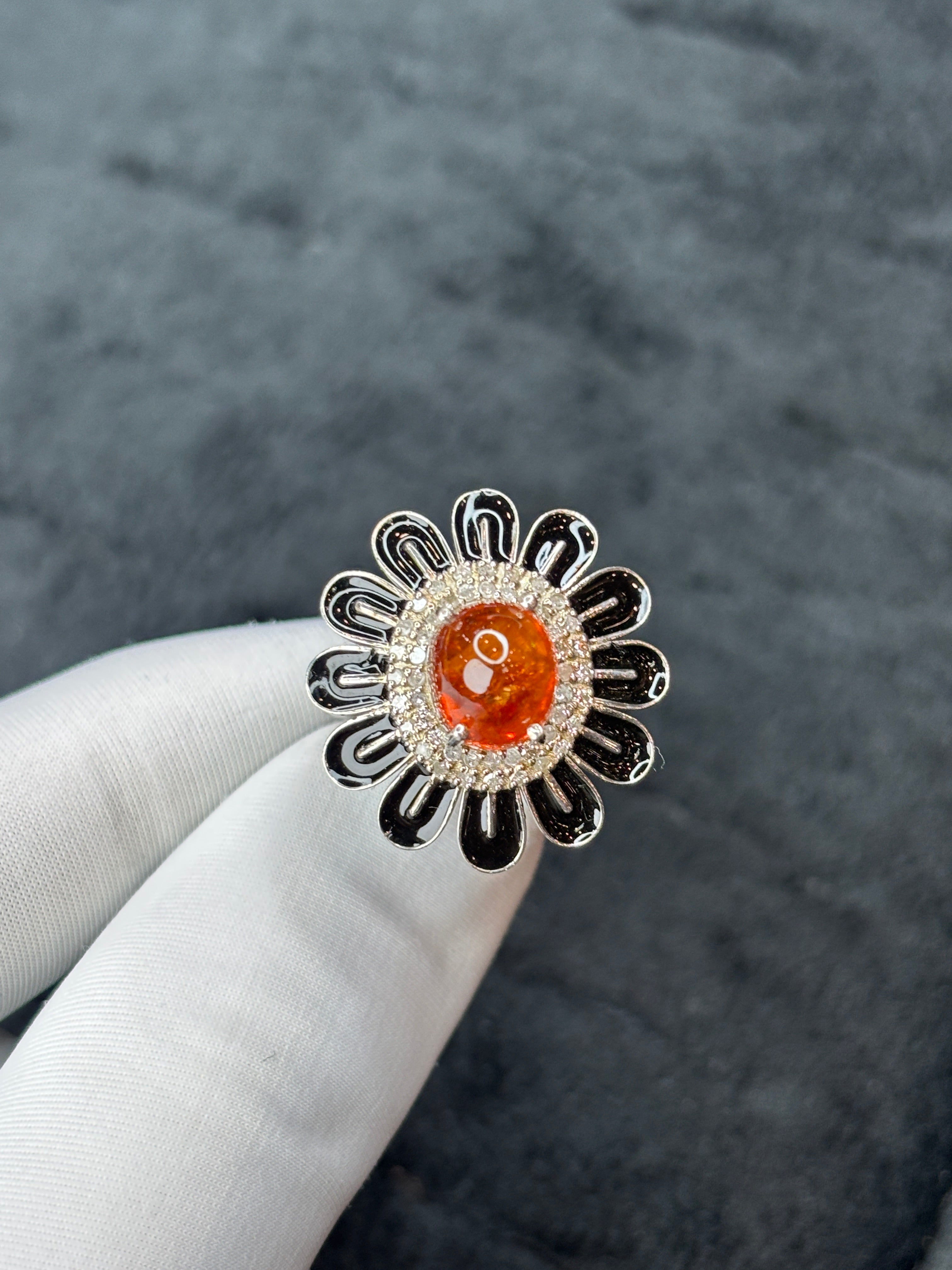 Statement Mandarin Garnet & Diamond Bloom Ring | Handcrafted Sterling Silver & Black Enamel