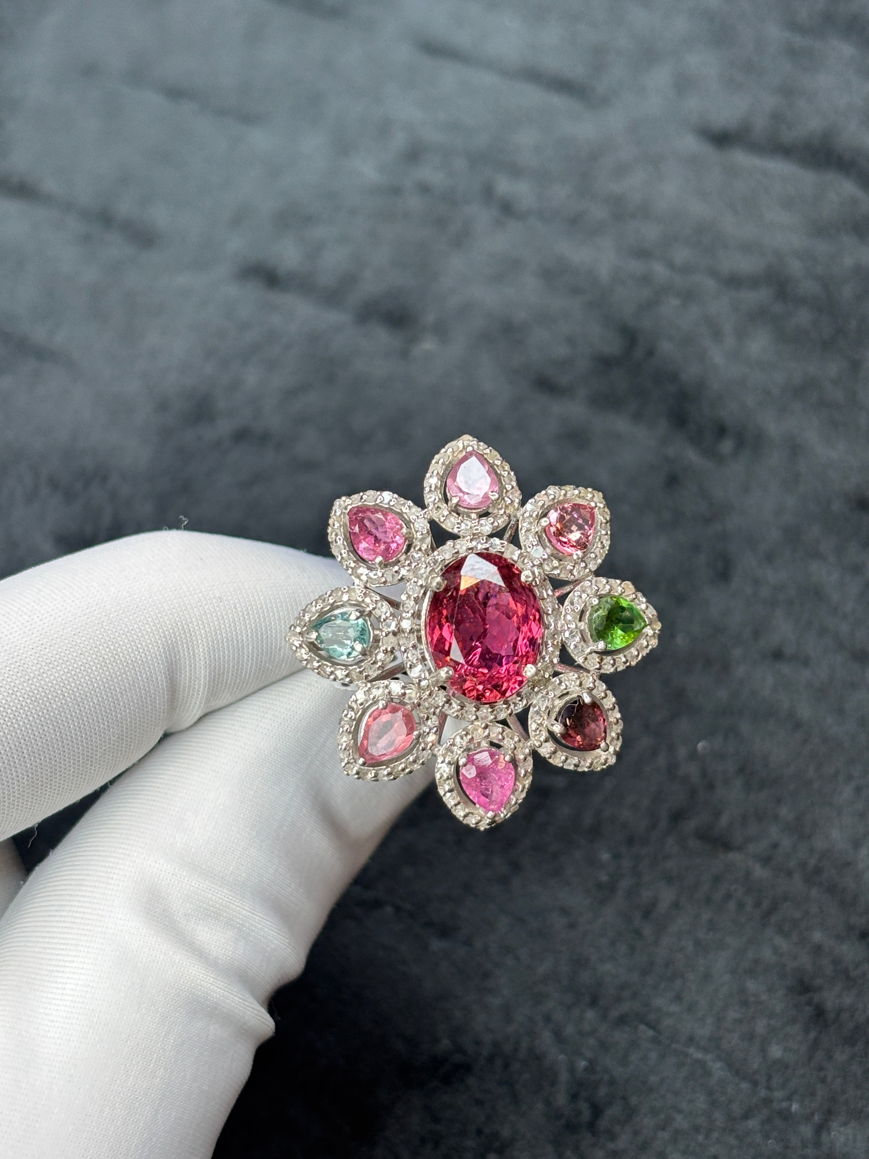 Natural Pink Tourmaline & Multi Tourmaline Diamond Ring in 925 Sterling Silver | Handmade Floral Statement Cocktail Ring