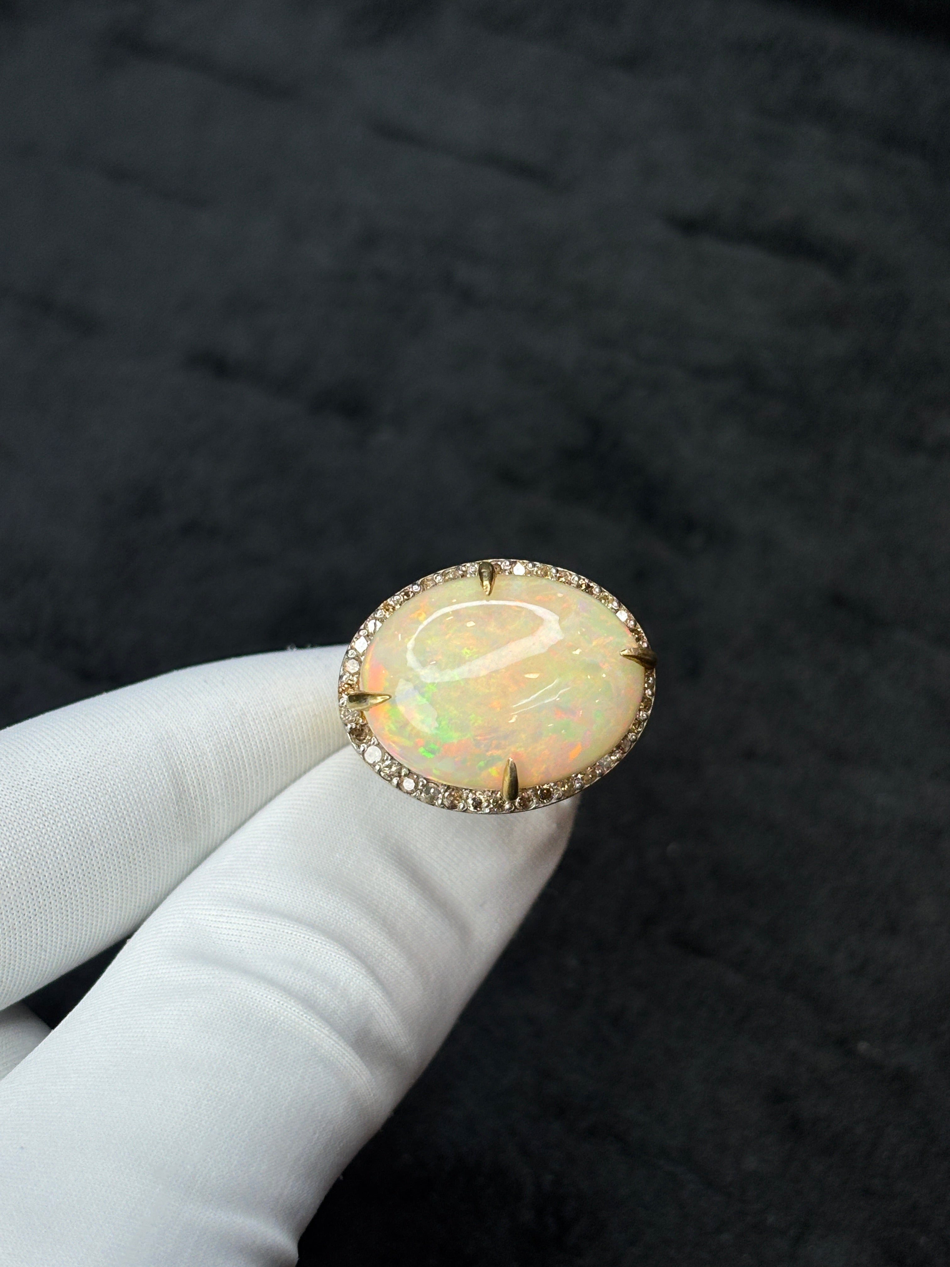 Natural Ethiopian Opal & Diamond Ring in 925 Sterling Silver | 10.30 Ct Oval Opal Statement Ring