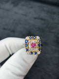 Round Pink Sapphire & Unheated Blue Sapphire Diamond Ring