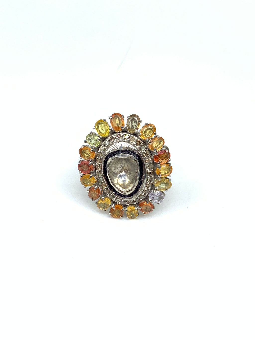 Natural Multi Sapphire Diamond Polki Ring in 925 Sterling Silver | Luxury Gemstone Jewellery