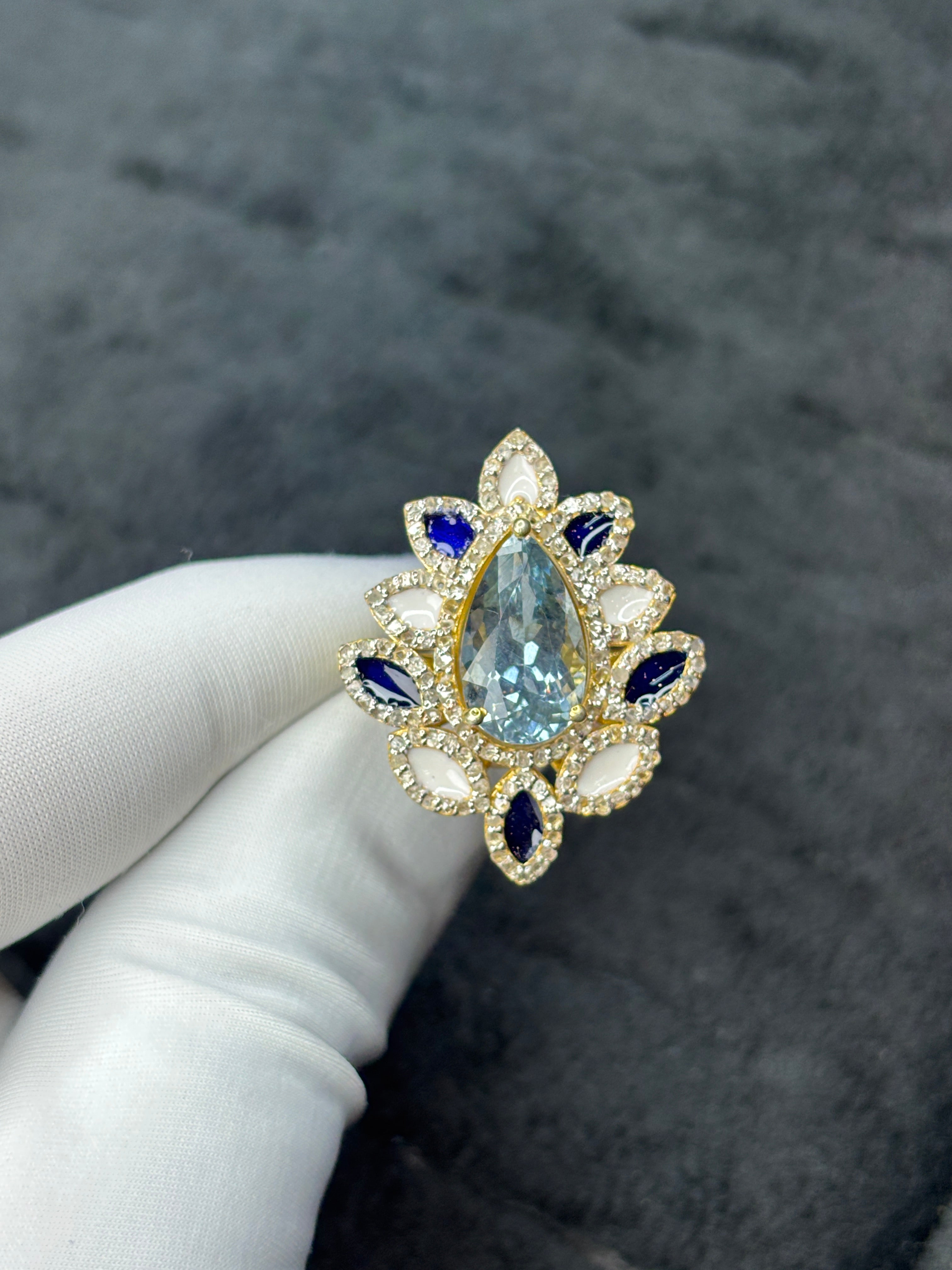 Pear Aquamarine, Enamel & Diamond Floral Statement Ring