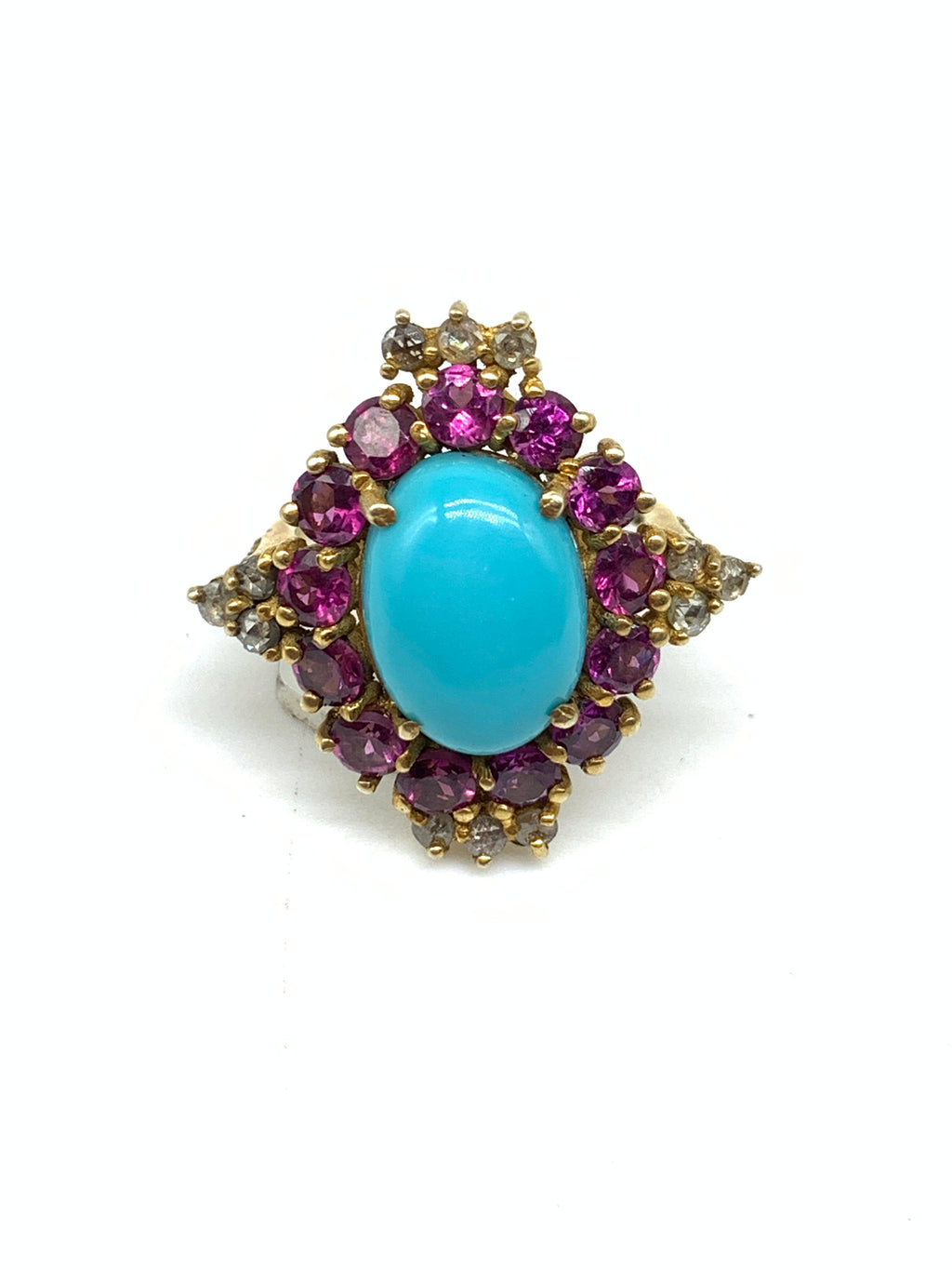 Natural Turquoise, Garnet & Diamond Ring in 925 Sterling Silver with Gold Polished