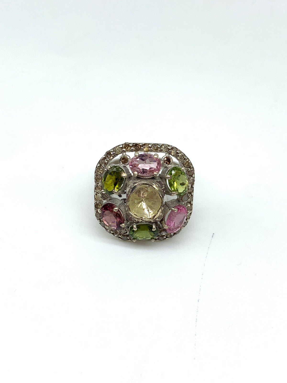 Natural Tourmaline Diamond Polki Ring in 925 Sterling Silver | Luxury Gemstone Jewellery