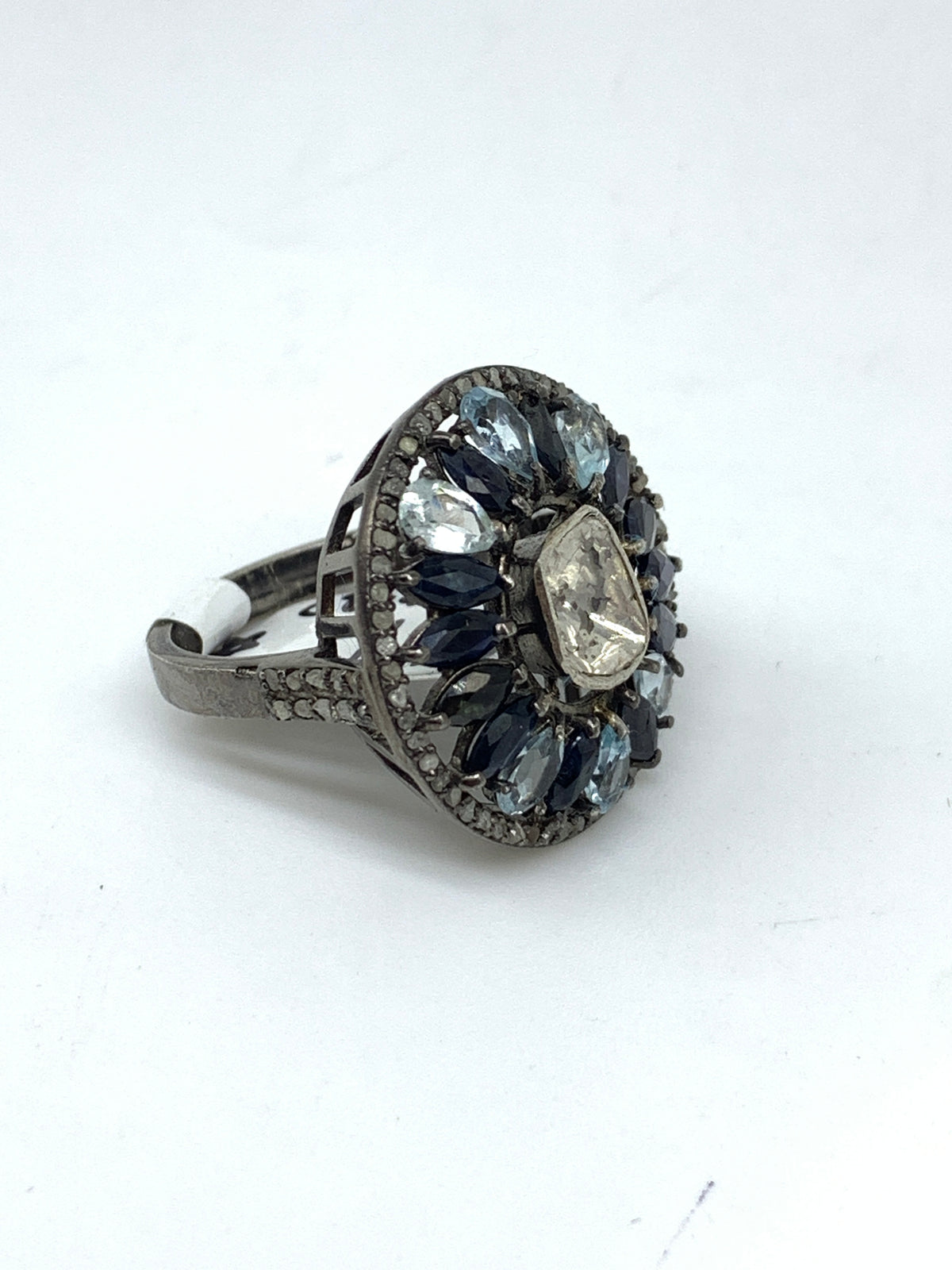 Diamond Polki, Blue Topaz or Blue Sapphire Ring in 925 Sterling Silver gemstone jewellery