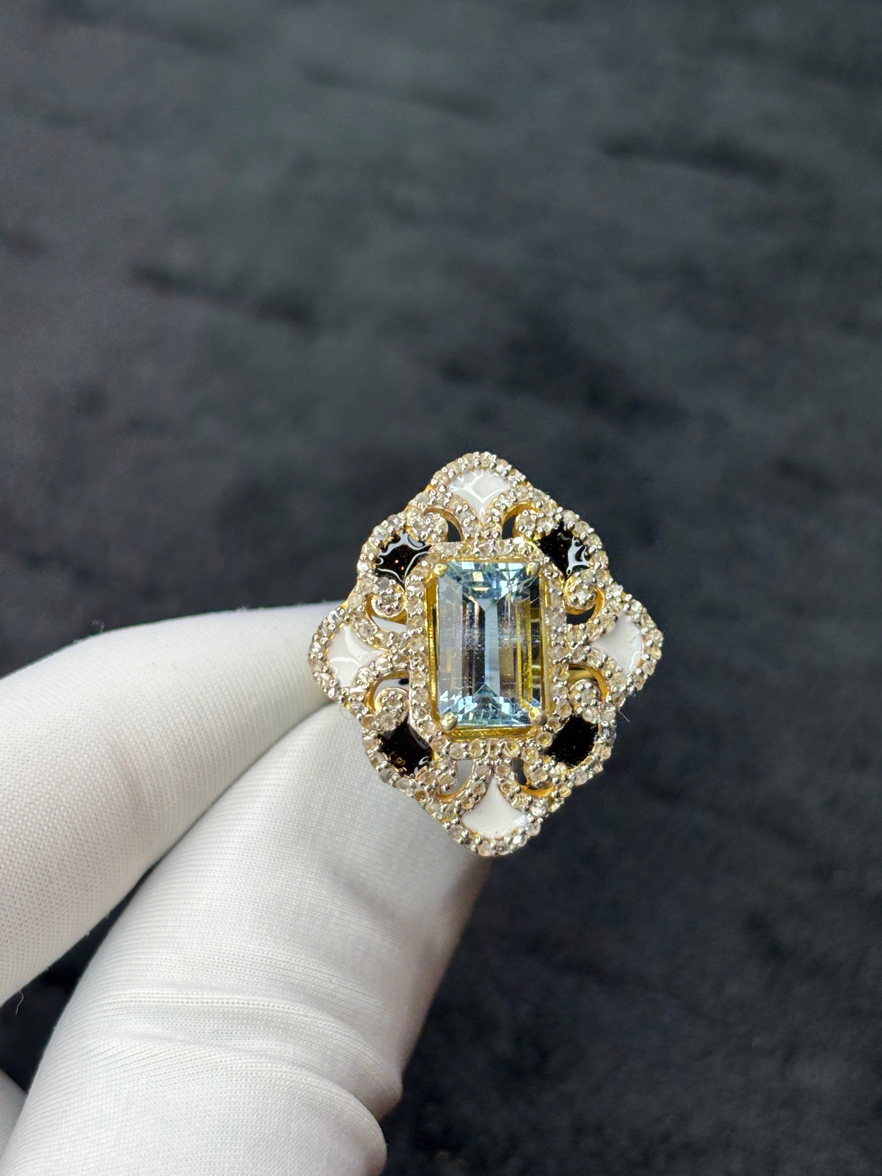 Emerald-Cut Aquamarine, Enamel & Diamond Statement Ring