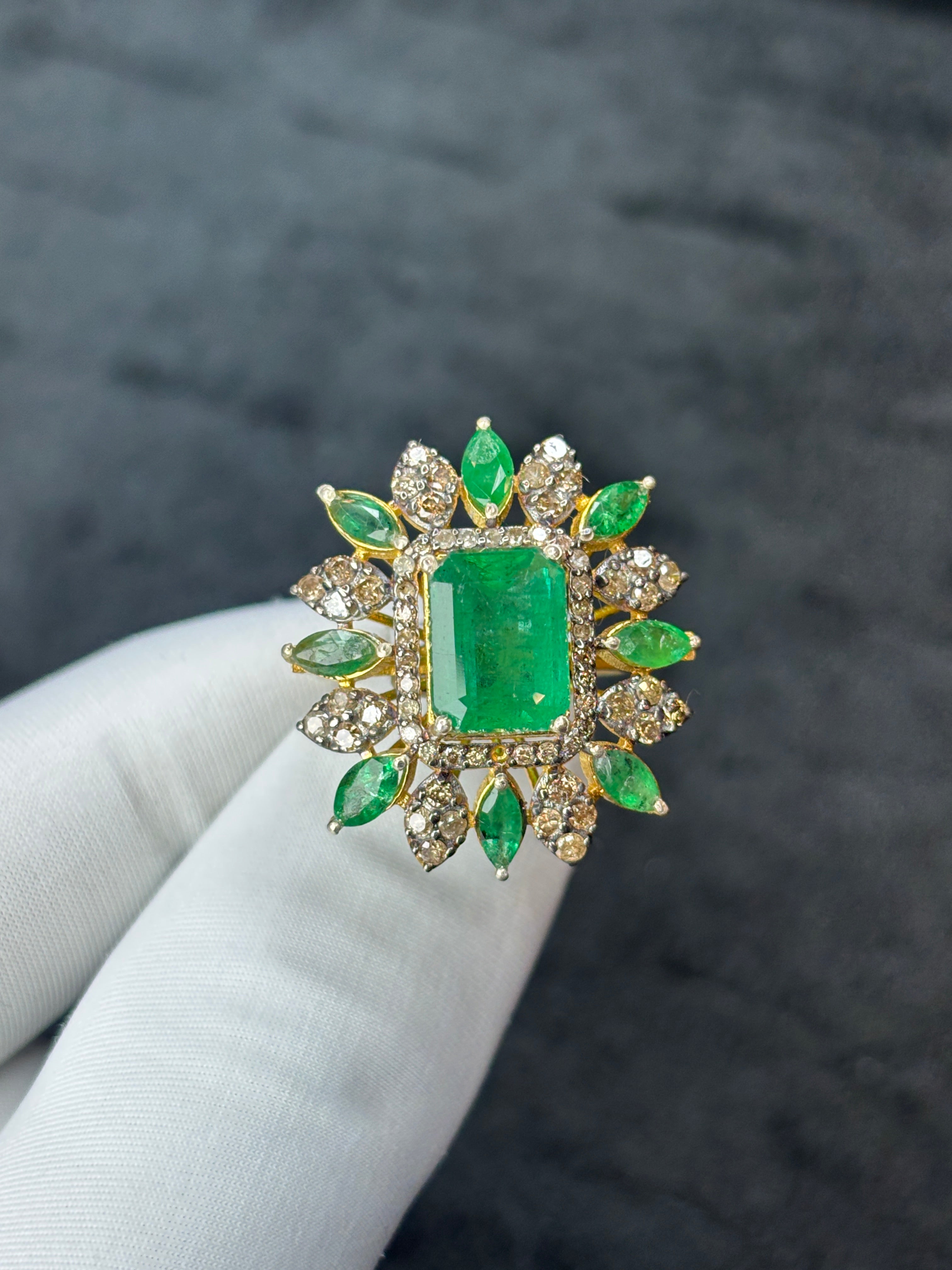Emerald-Cut & Marquise Emerald Sunburst Diamond Ring