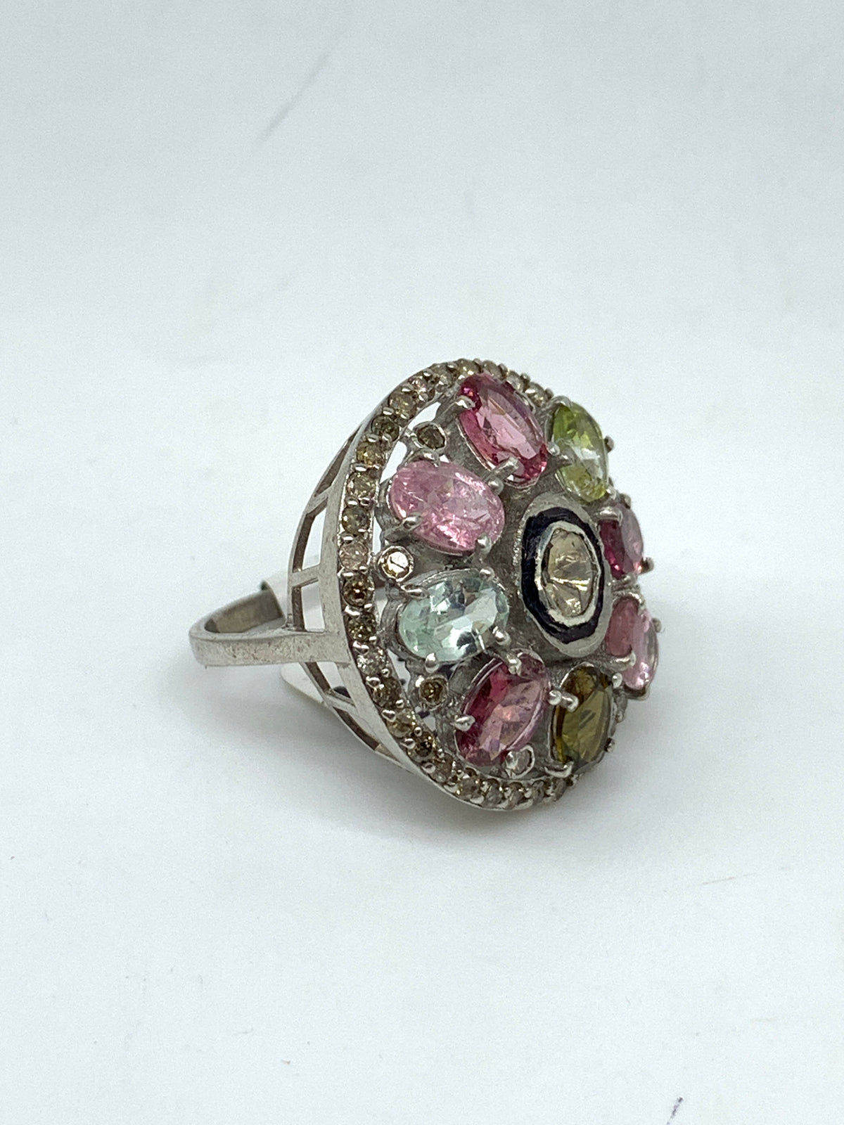 Natural Tourmaline Diamond Polki Ring in 925 Sterling Silver | Luxury Gemstone Jewellery