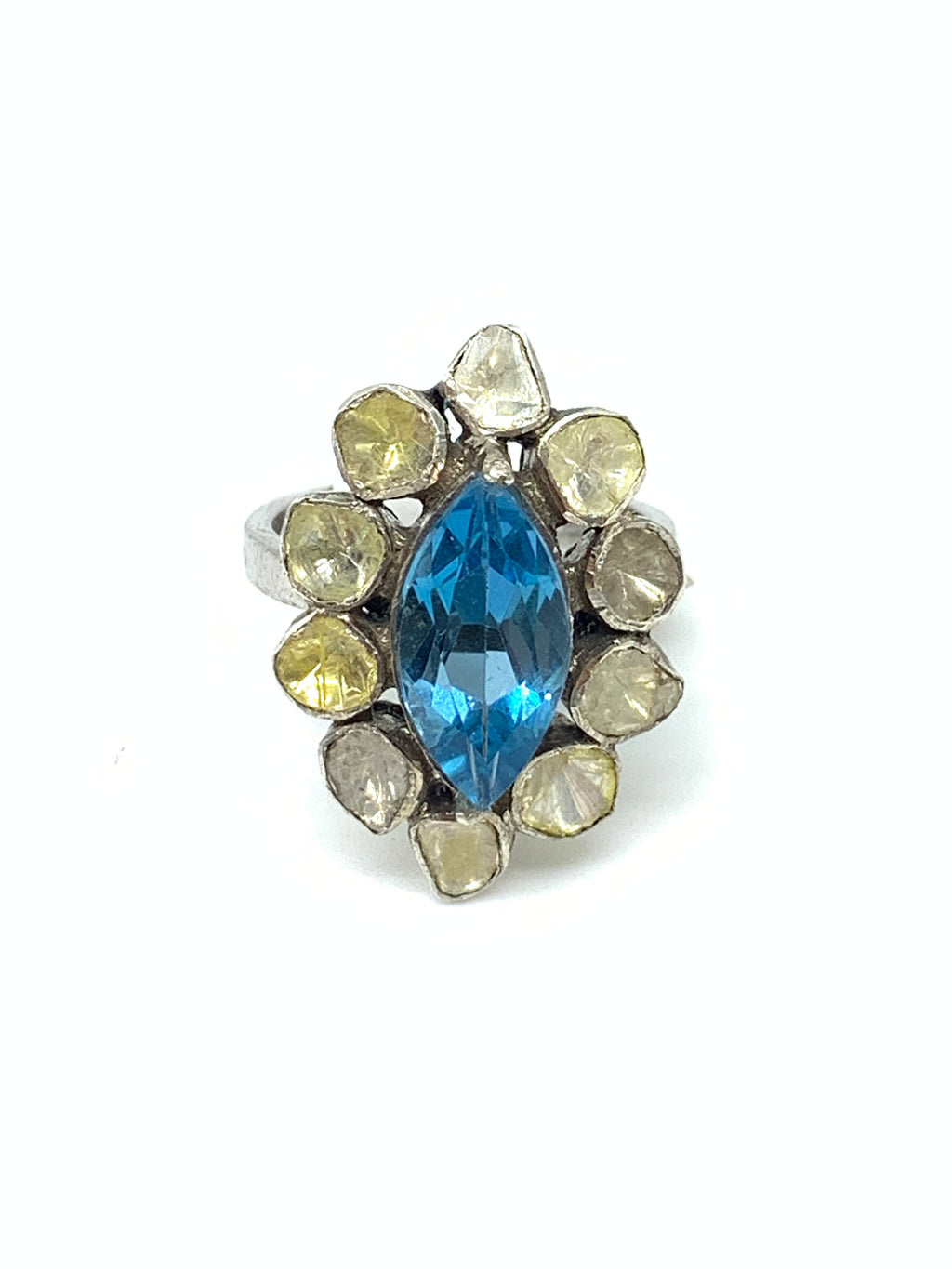 Natural Swiss Blue Topaz & Diamond Polki Ring in 925 Sterling Silver | Luxury Gemstone Ring