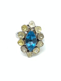 Natural Swiss Blue Topaz & Diamond Polki Ring in 925 Sterling Silver | Luxury Gemstone Ring