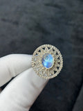 Natural Blue Flash Moonstone & Diamond Floral Halo Ring 3.36 Ct