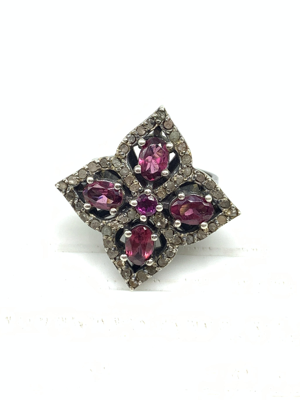 Natural Garnet & Diamond Ring in 925 Sterling Silver | Handmade Gemstone Jewellery