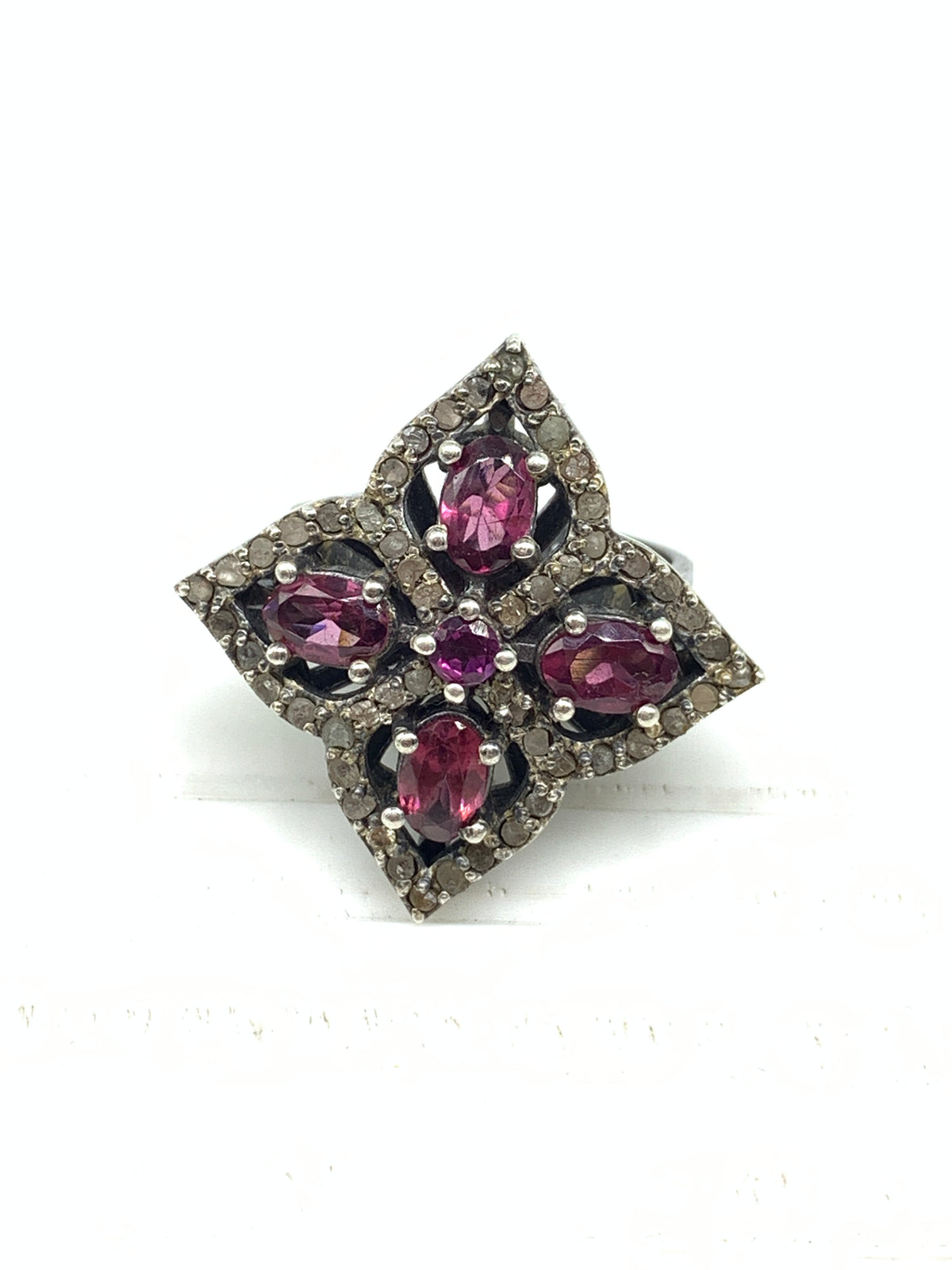 Natural Garnet & Diamond Ring in 925 Sterling Silver | Handmade Gemstone Jewellery