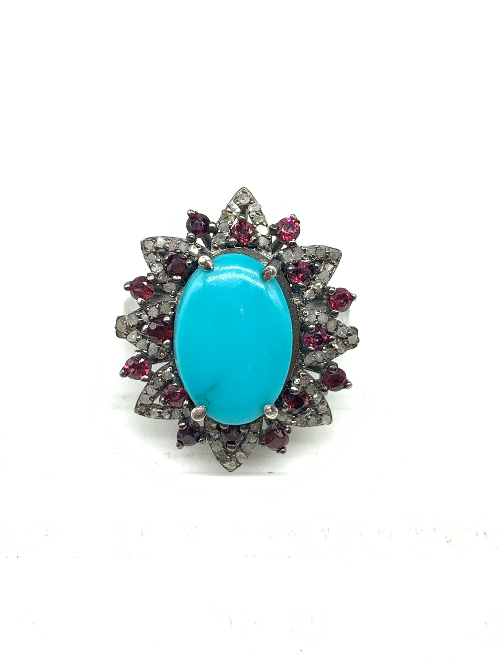 Natural Turquoise & Diamond Ring in 925 Sterling Silver | Handmade Gemstone Jewelry