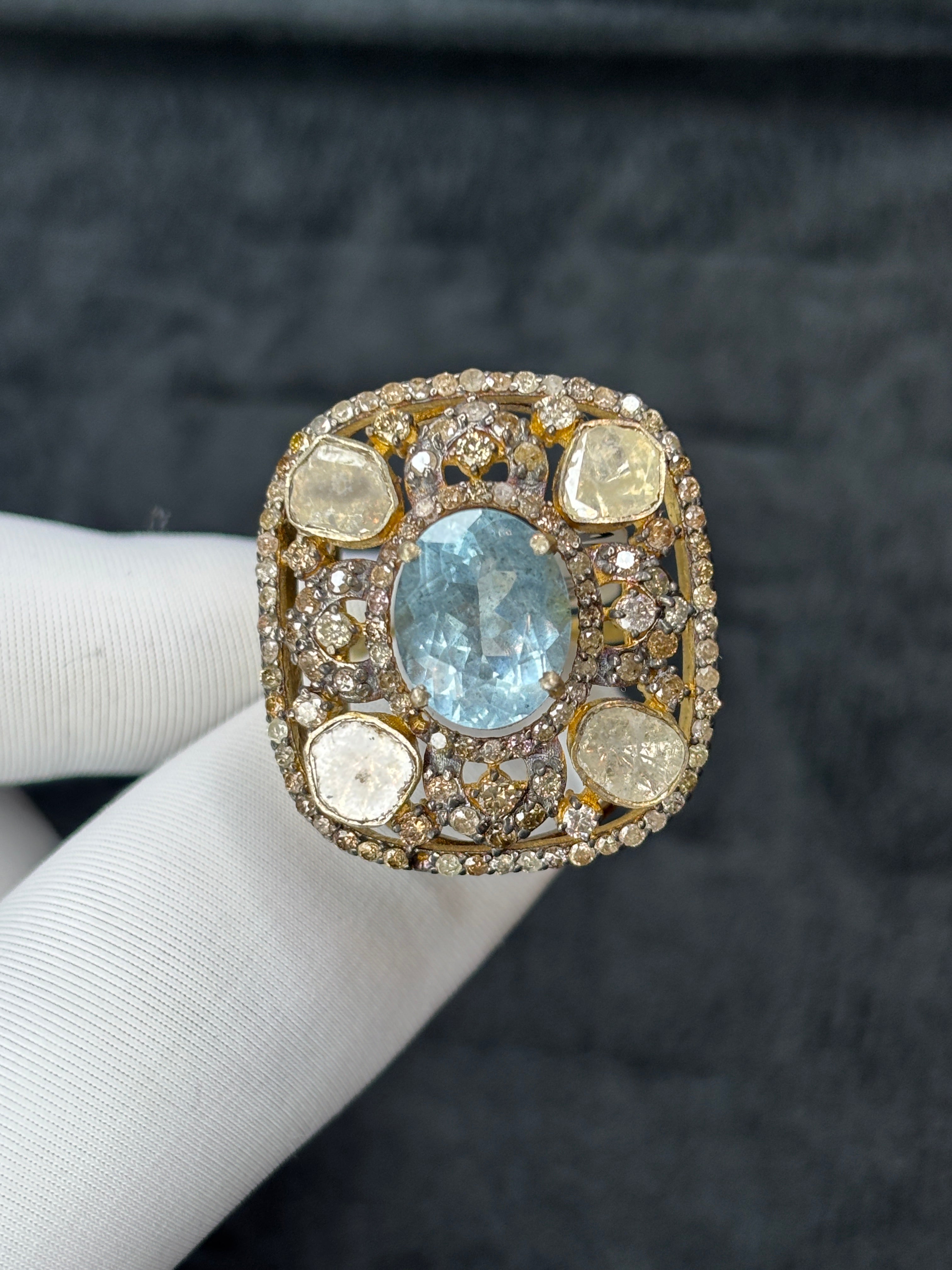 Natural Aquamarine & Diamond Polki Vintage Statement Ring