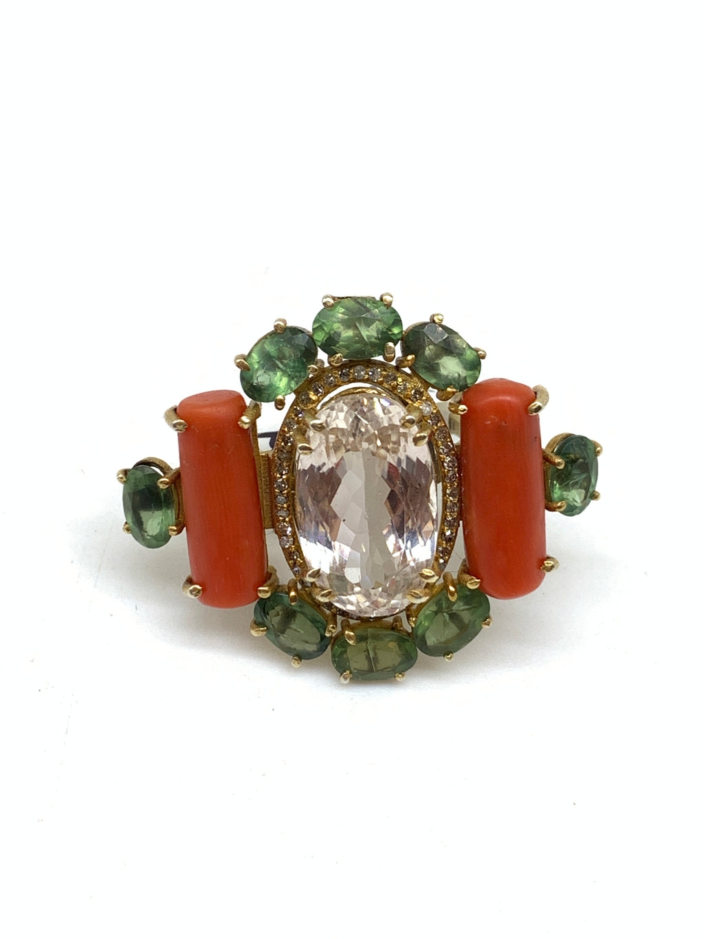 Natural Coral Apatite Kunzite Mixed Gemstone Diamond Ring | 925 Sterling Silver
