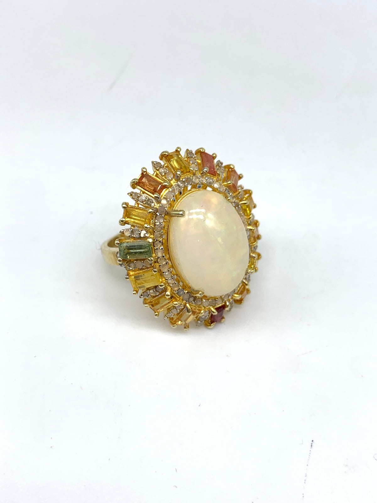 Natural Opal Multi Sapphire & Diamond Ring in 925 Sterling Silver | Luxury Gold Polished Gemstone Ring