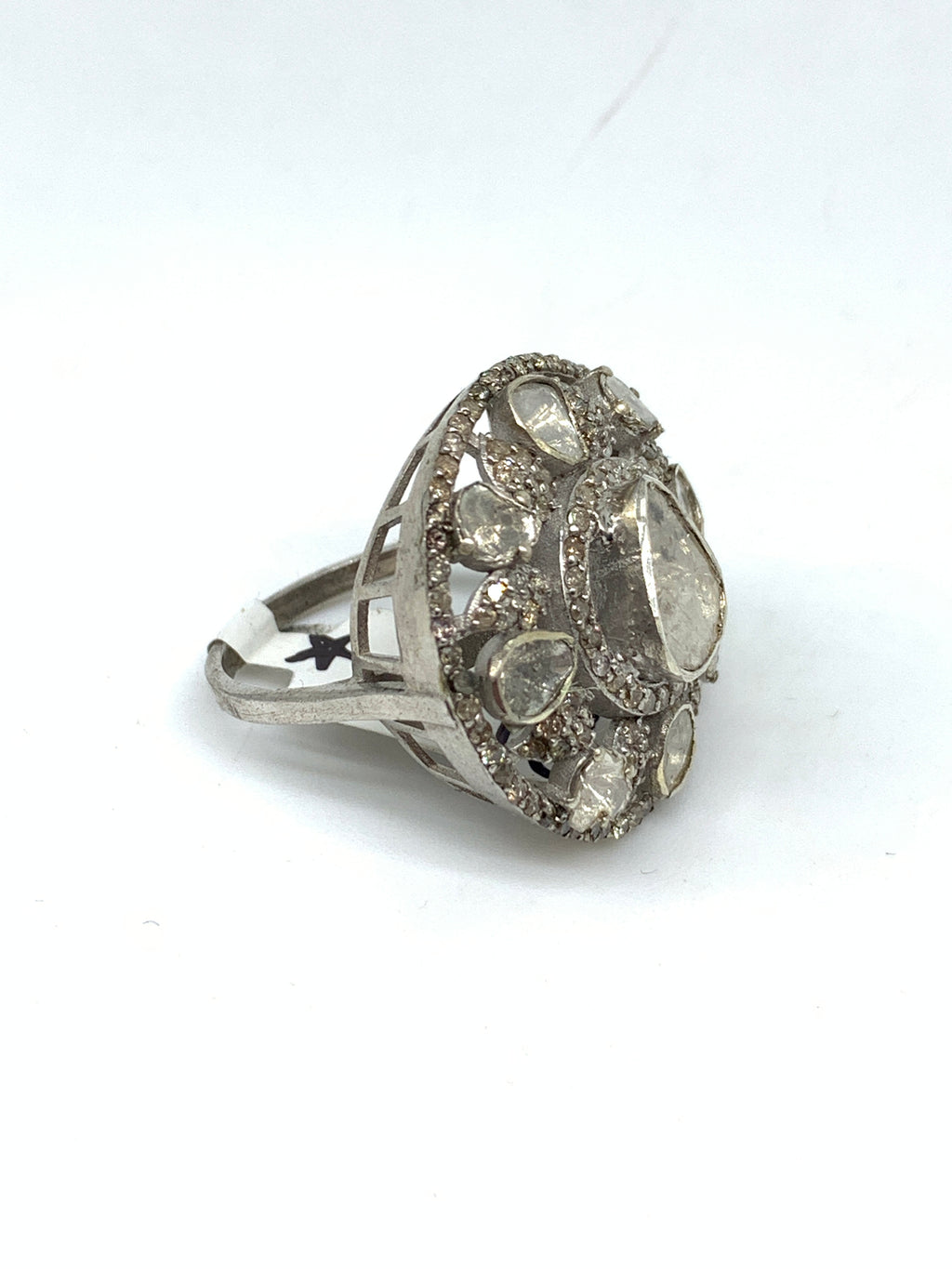 Diamond Polki & Diamond Ring in 925 Sterling Silver | Luxury Handmade Jewellery