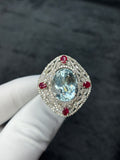 7.55 Ct Natural Aquamarine Statement Ring in 925 Sterling Silver with Ruby & Natural Diamond Halo