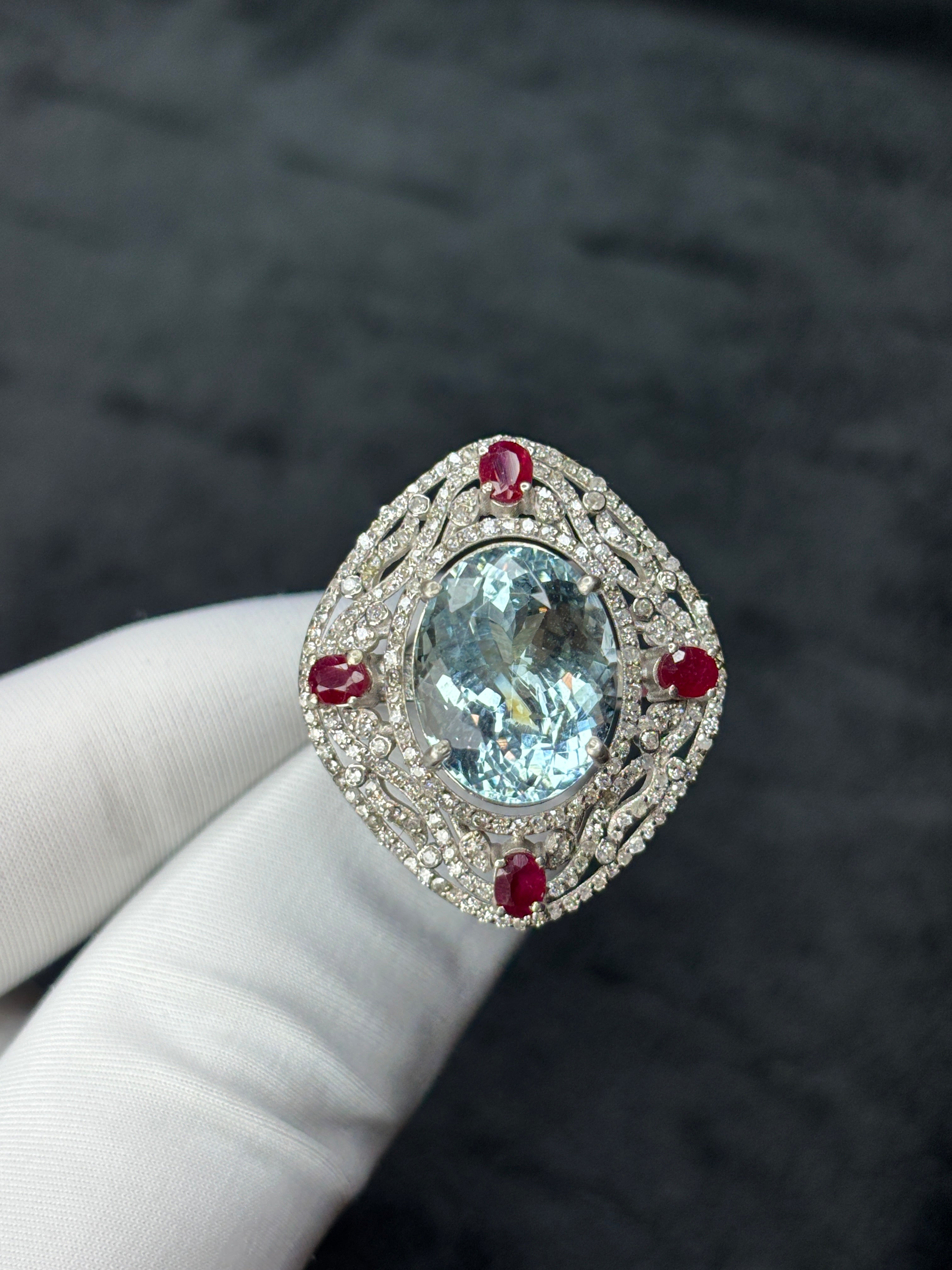 7.55 Ct Natural Aquamarine Statement Ring in 925 Sterling Silver with Ruby & Natural Diamond Halo