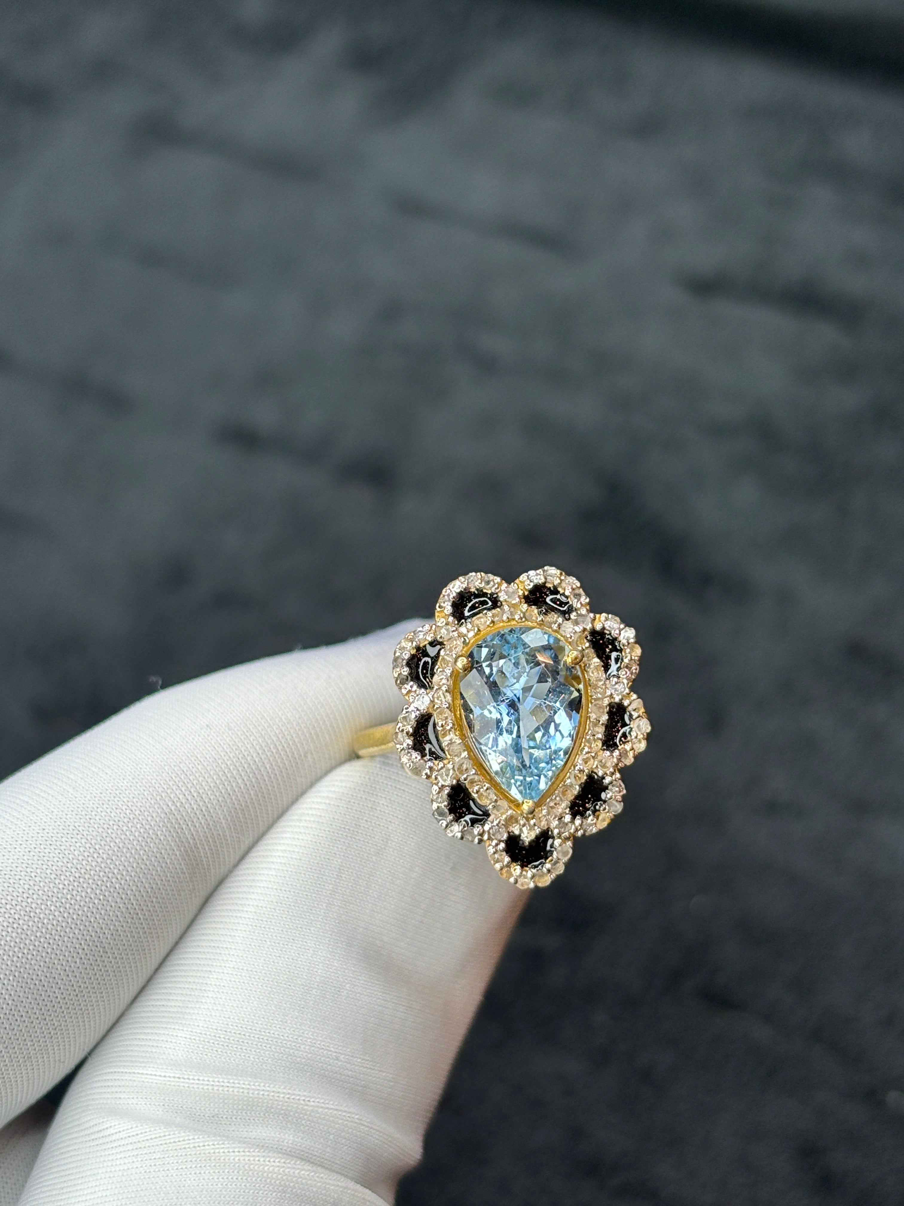 Pear Aquamarine, Black Enamel & Diamond Scalloped Ring