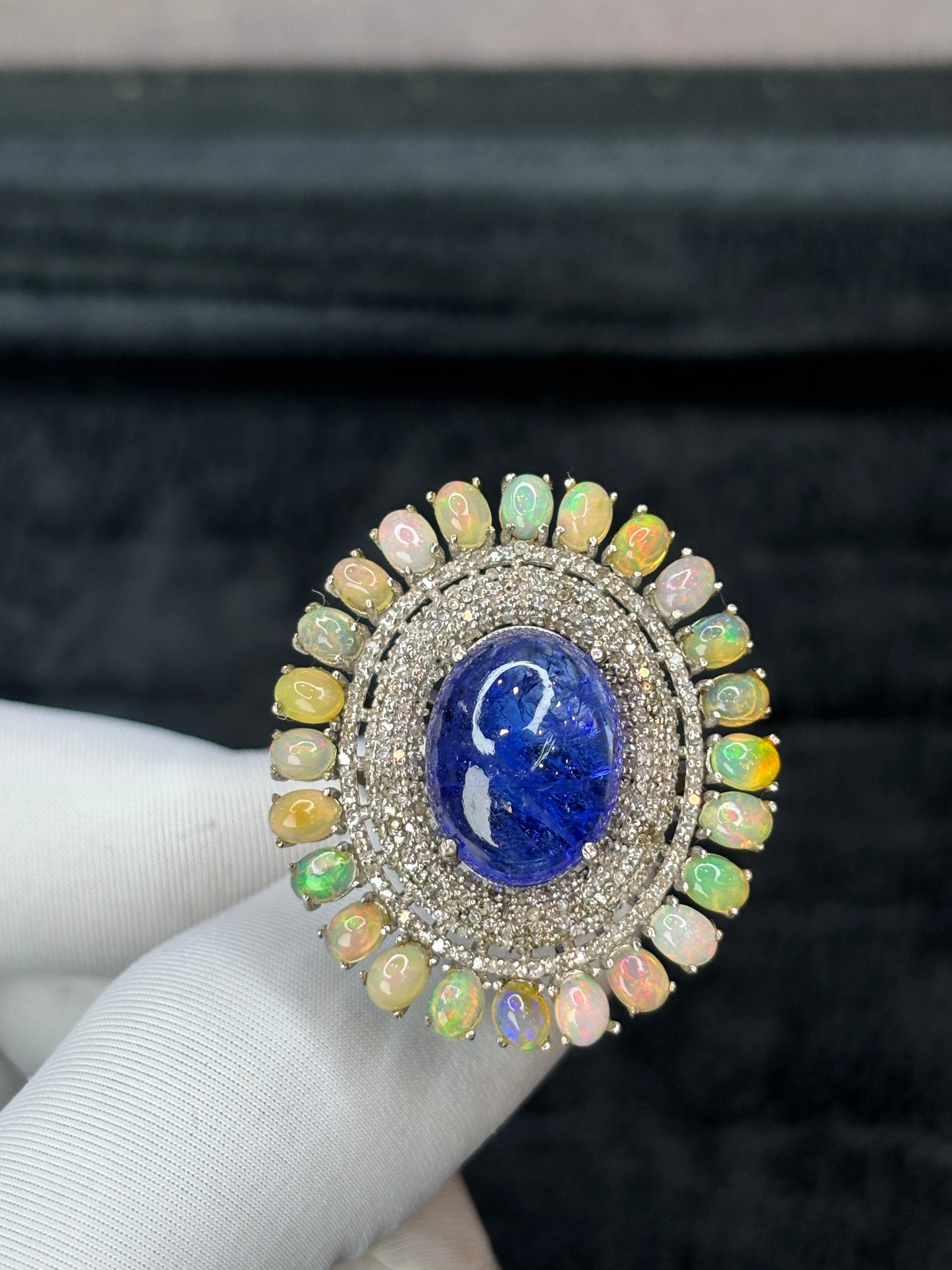 Natural Tanzanite & Ethiopian Opal Halo Statement Ring with Natural Diamonds