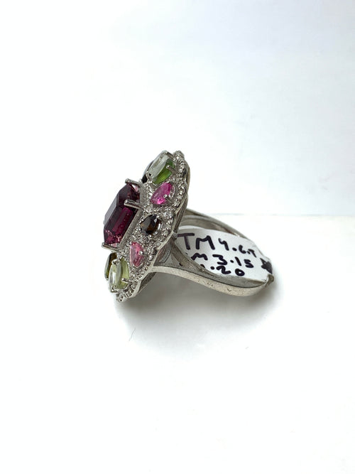 4 CT Natural Tourmaline & Multi-Tourmaline Diamond Statement Ring – 925 Sterling Silver