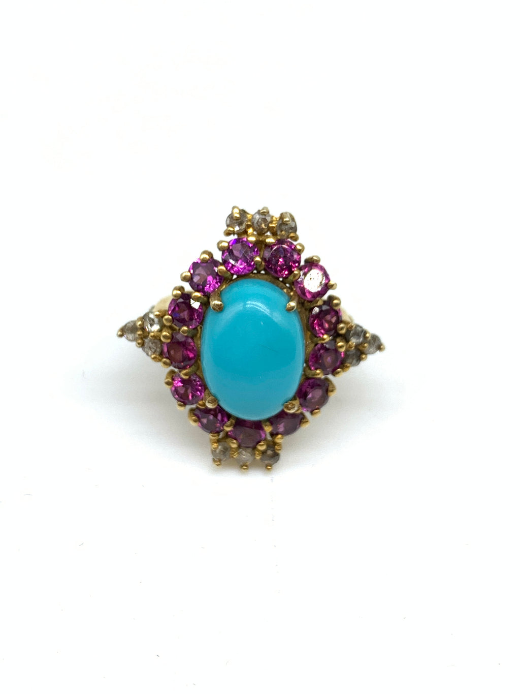 Natural Turquoise, Garnet & Diamond Ring in 925 Sterling Silver with Gold Polished
