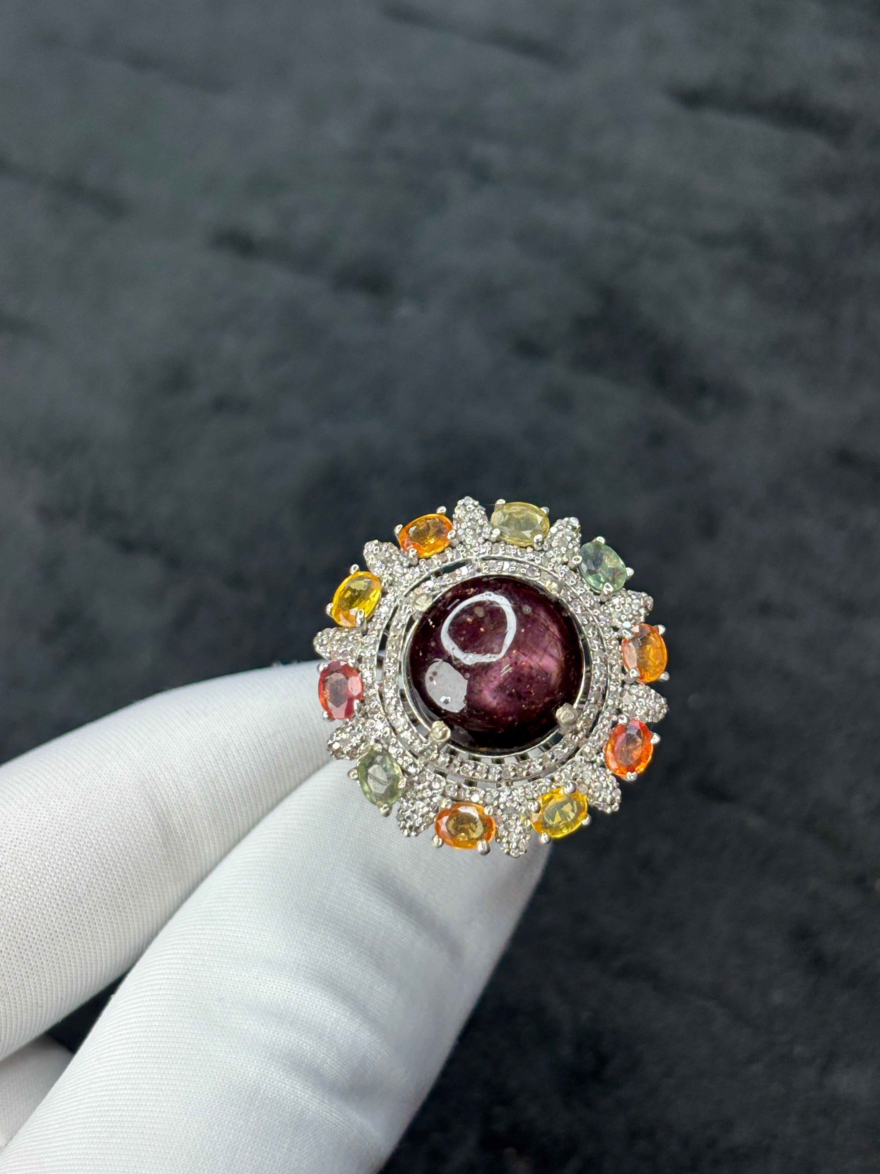 Natural 9.80 Ct Star Ruby, Multi Sapphire & Diamond Ring in 925 Sterling Silver | Handmade Luxury Statement Cocktail Ring