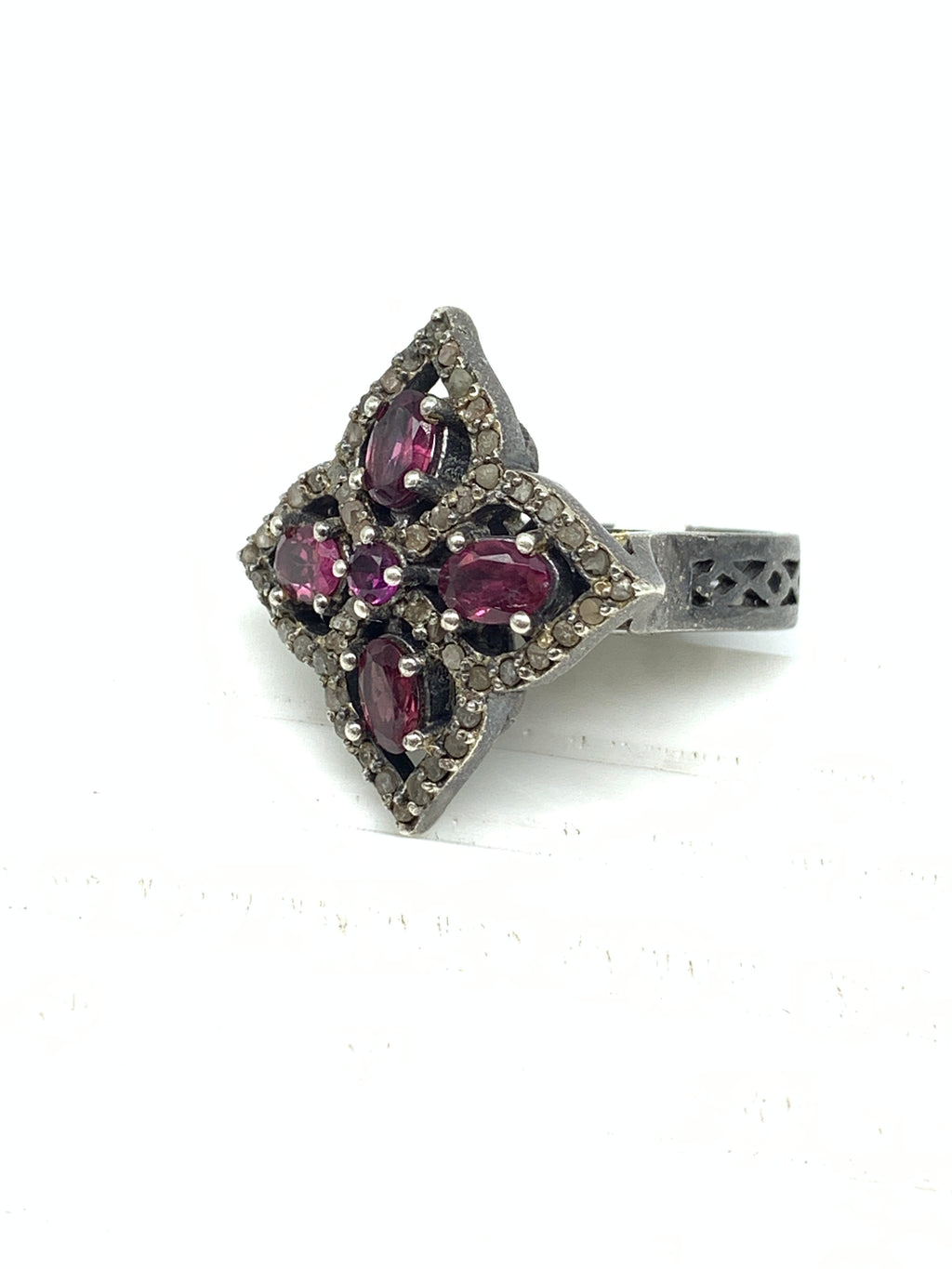 Natural Garnet & Diamond Ring in 925 Sterling Silver | Handmade Gemstone Jewellery