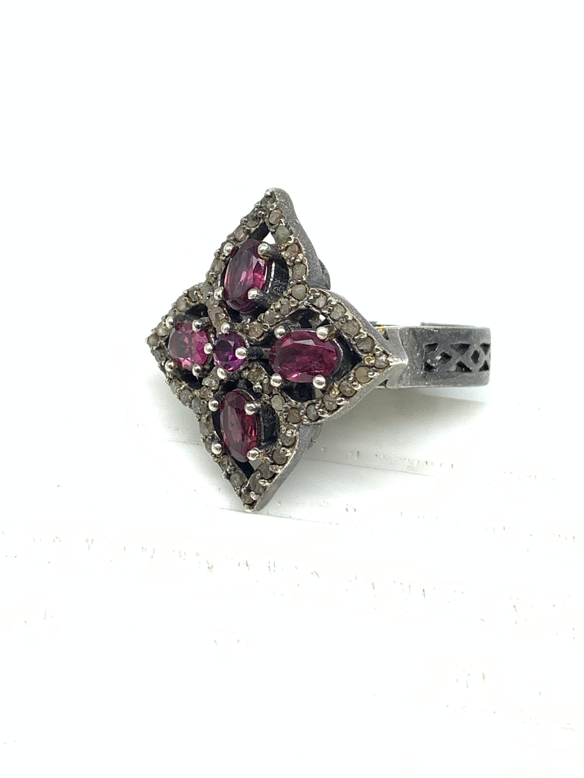 Natural Garnet & Diamond Ring in 925 Sterling Silver | Handmade Gemstone Jewellery