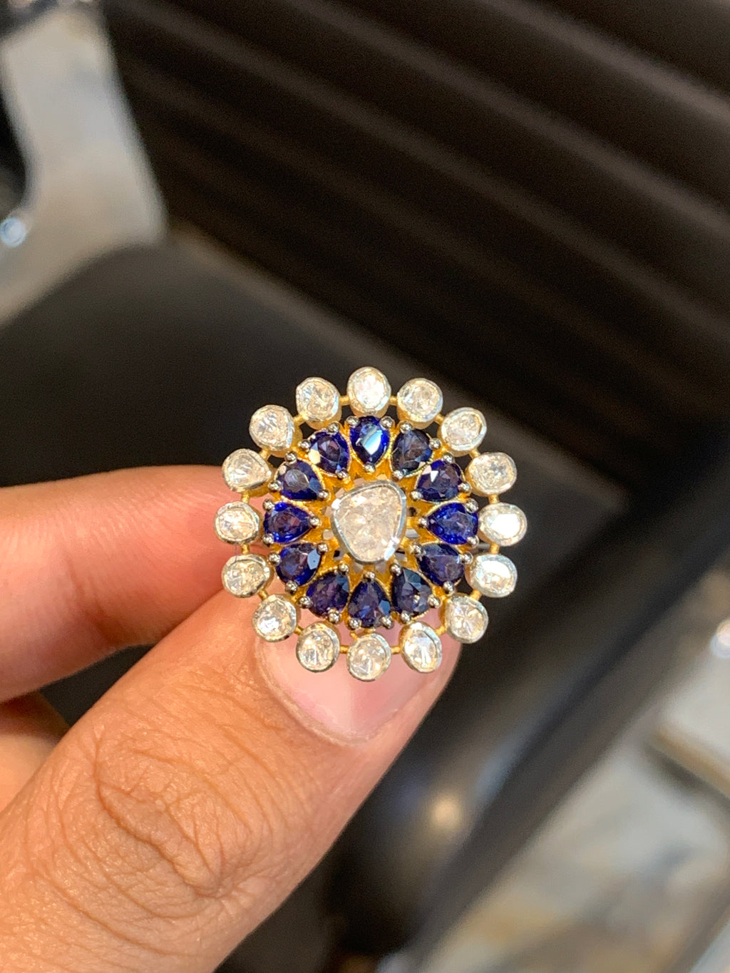 Natural Blue Sapphire & Diamond Polki Ring in 925 Sterling Silver | Handmade Vintage Floral Statement Ring