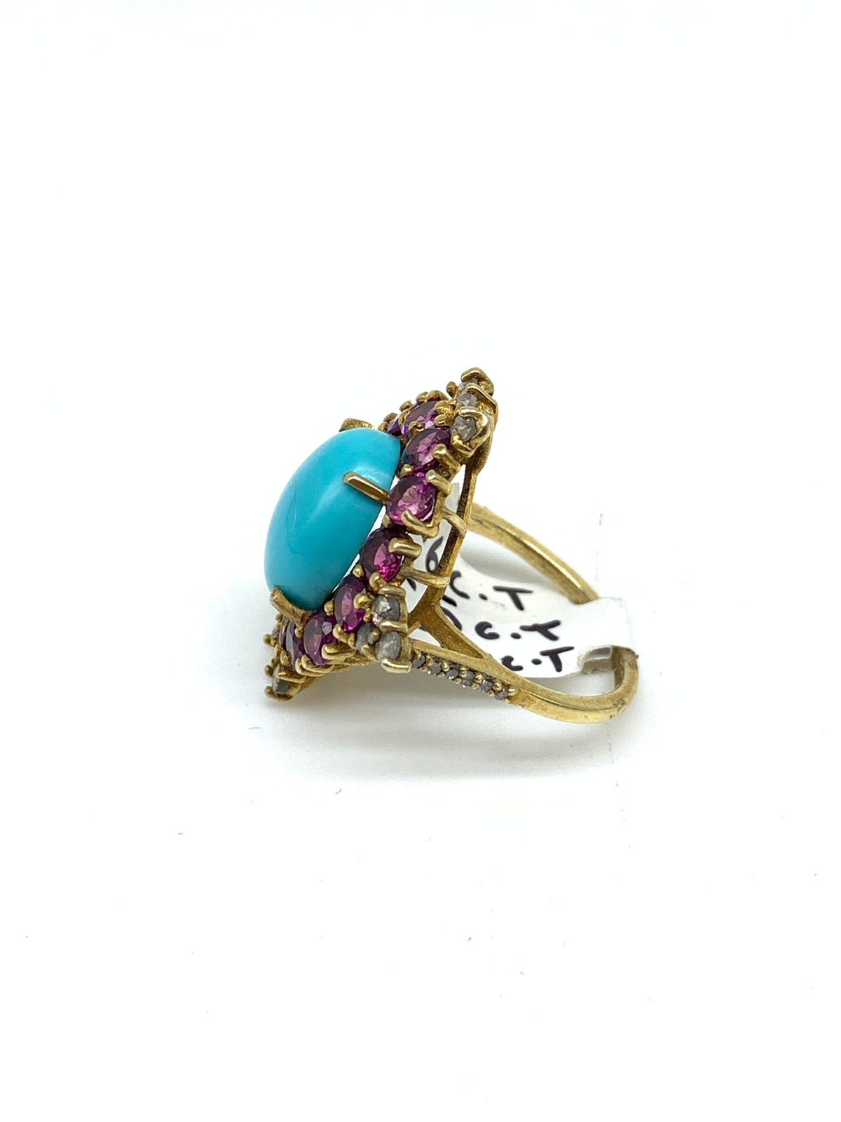 Natural Turquoise, Garnet & Diamond Ring in 925 Sterling Silver with Gold Polished