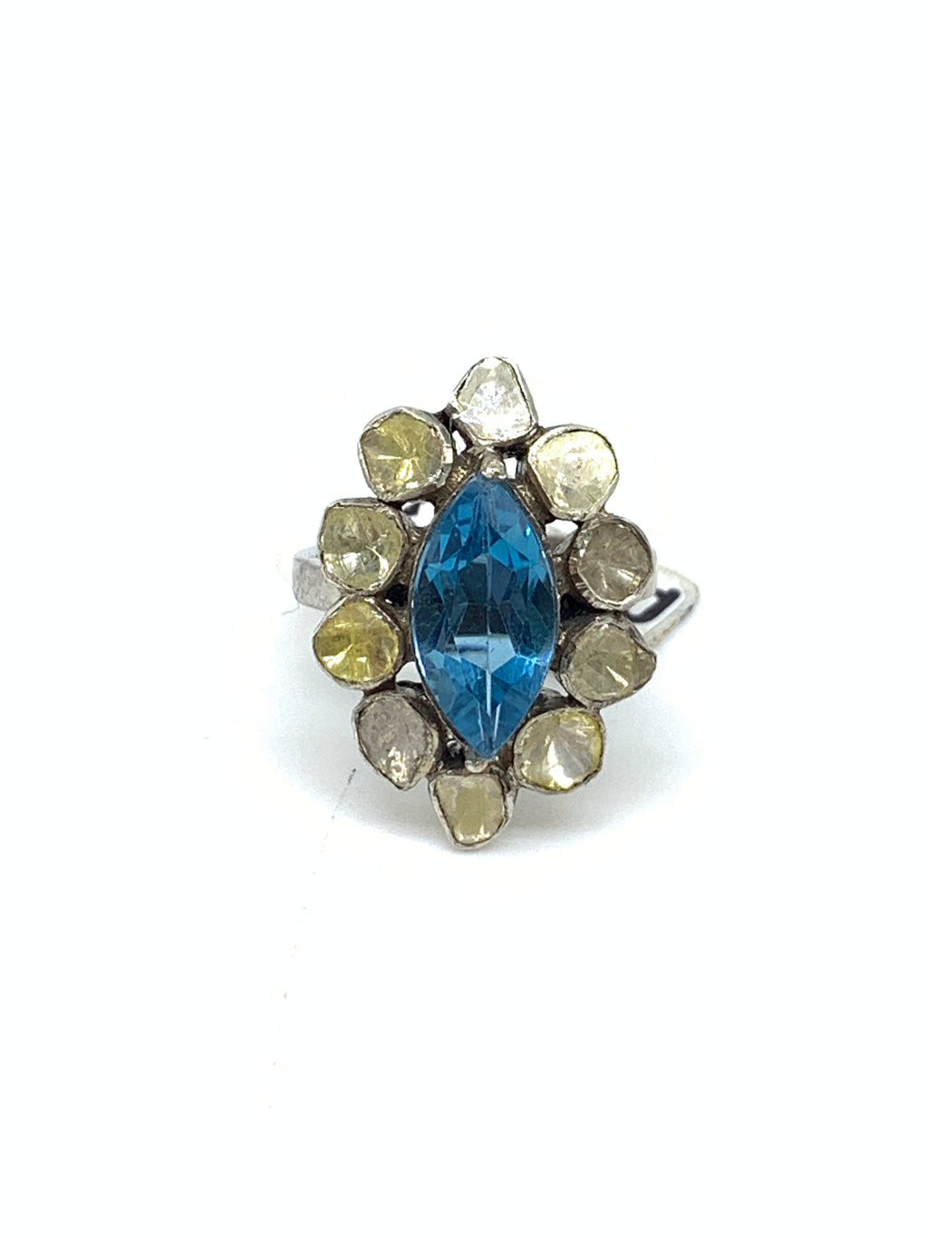 Natural Swiss Blue Topaz & Diamond Polki Ring in 925 Sterling Silver | Luxury Gemstone Ring