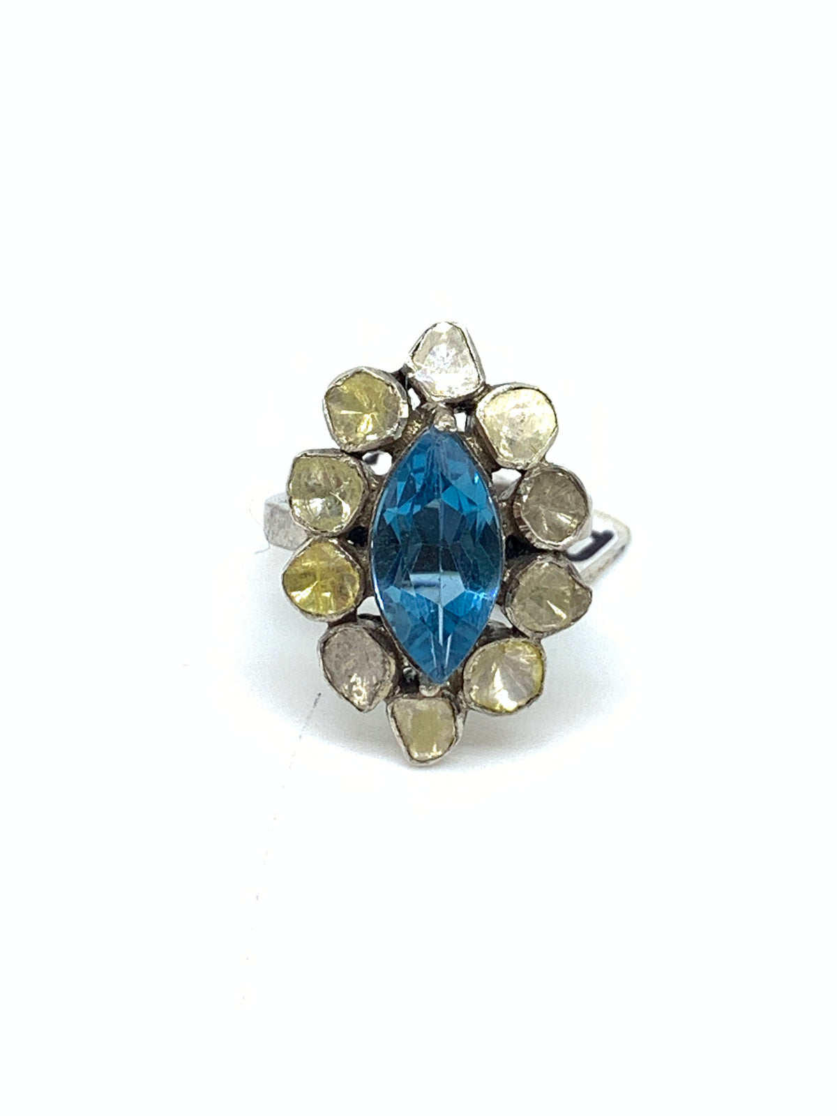 Natural Swiss Blue Topaz & Diamond Polki Ring in 925 Sterling Silver | Luxury Gemstone Ring