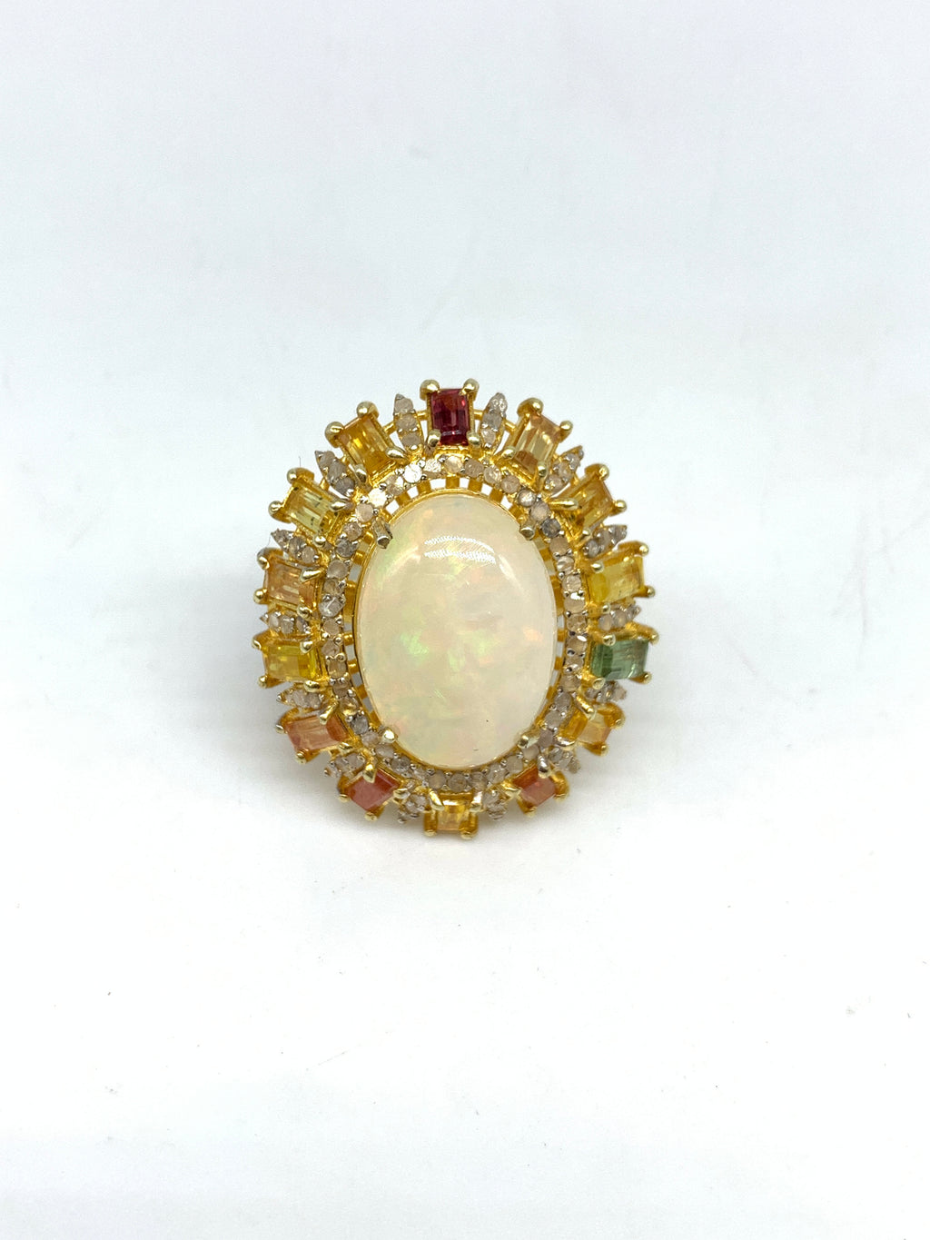 Natural Opal Multi Sapphire & Diamond Ring in 925 Sterling Silver | Luxury Gold Polished Gemstone Ring