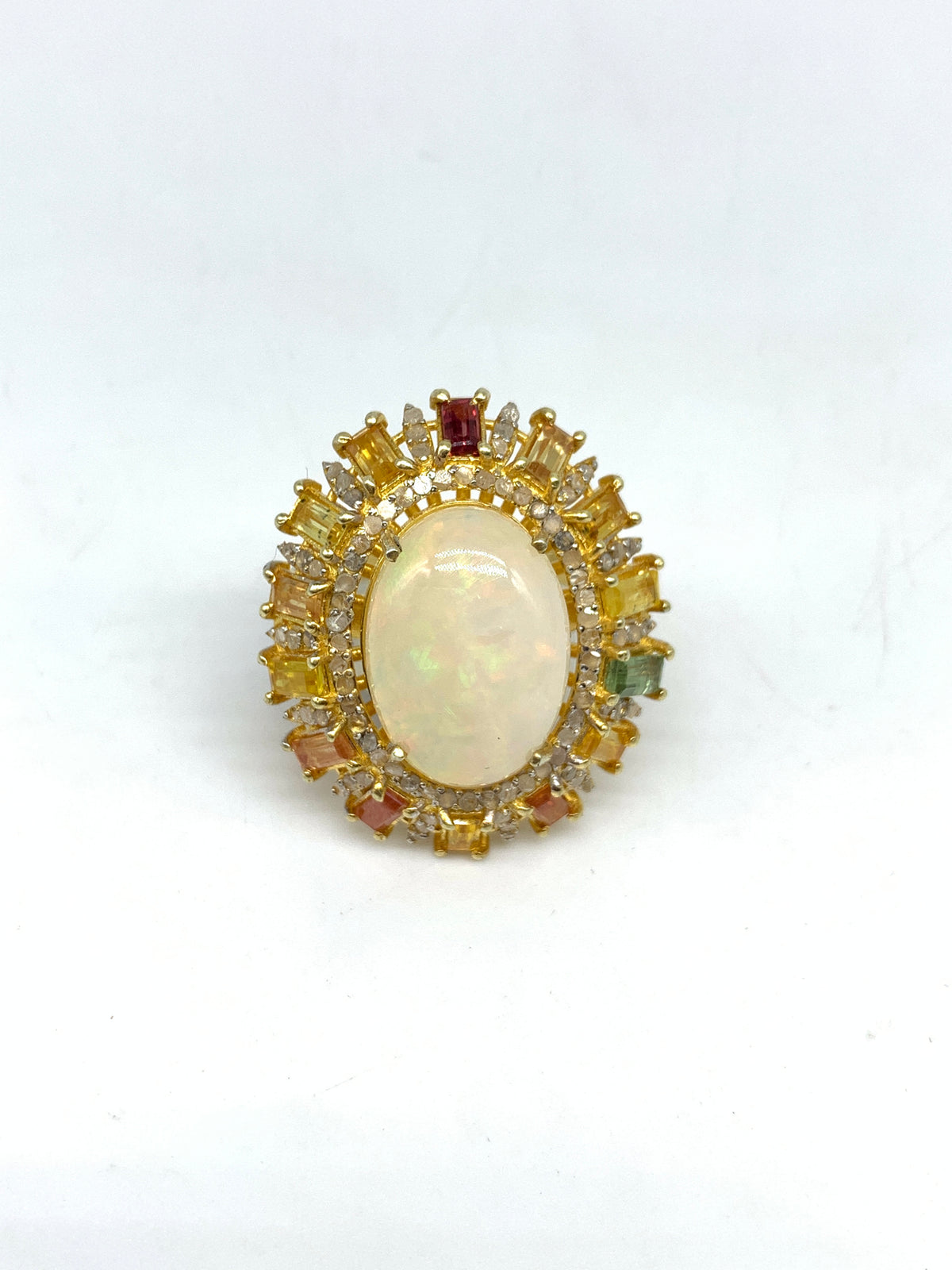 Natural Opal Multi Sapphire & Diamond Ring in 925 Sterling Silver | Luxury Gold Polished Gemstone Ring