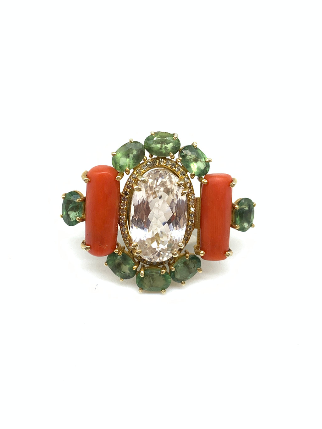 Natural Coral Apatite Kunzite Mixed Gemstone Diamond Ring | 925 Sterling Silver