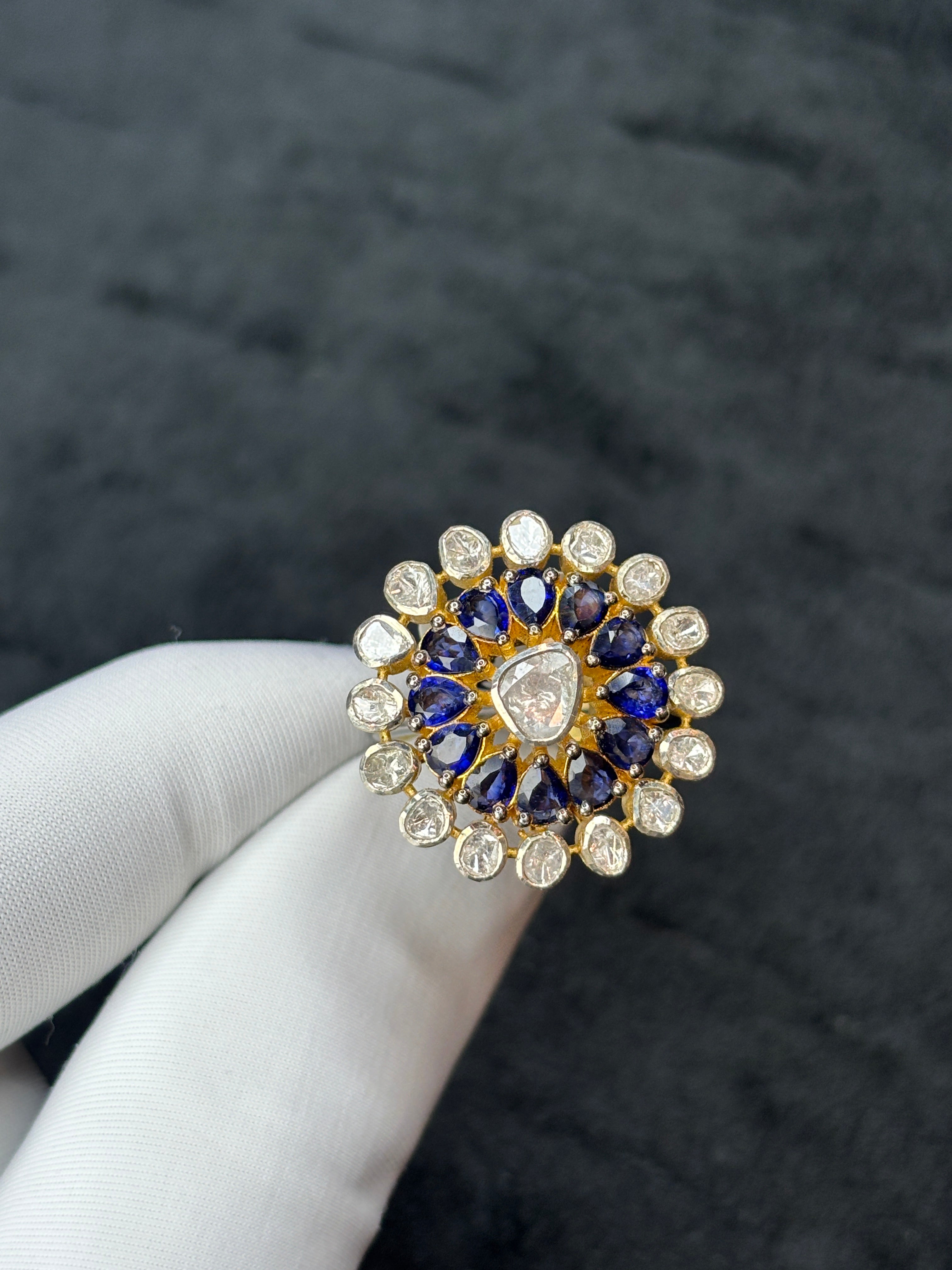 Natural Blue Sapphire & Diamond Polki Ring in 925 Sterling Silver | Handmade Vintage Floral Statement Ring