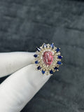 Natural Pink Tourmaline & Blue Sapphire Diamond Ring – 925 Sterling Silver
