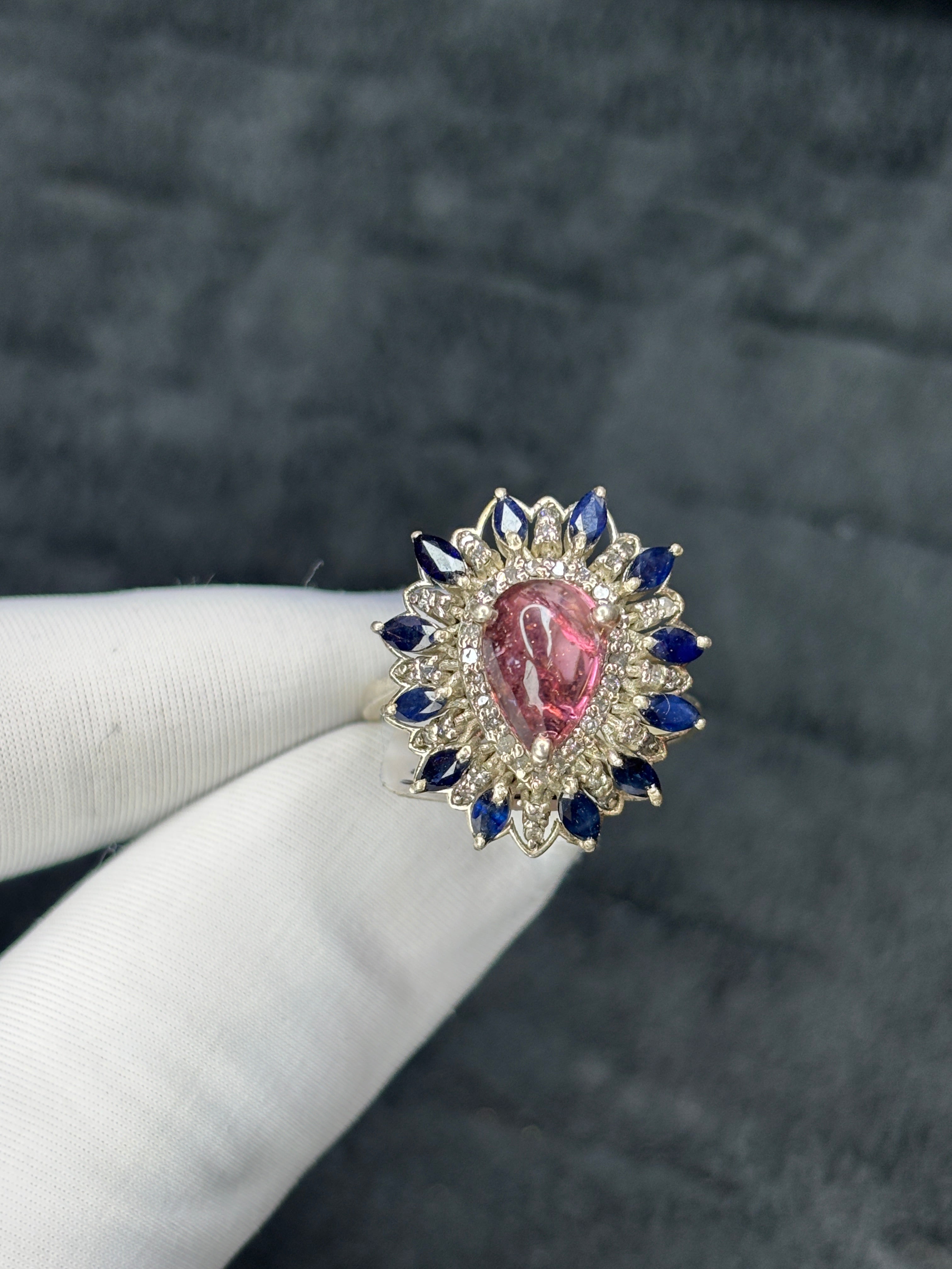Natural Pink Tourmaline & Blue Sapphire Diamond Ring – 925 Sterling Silver