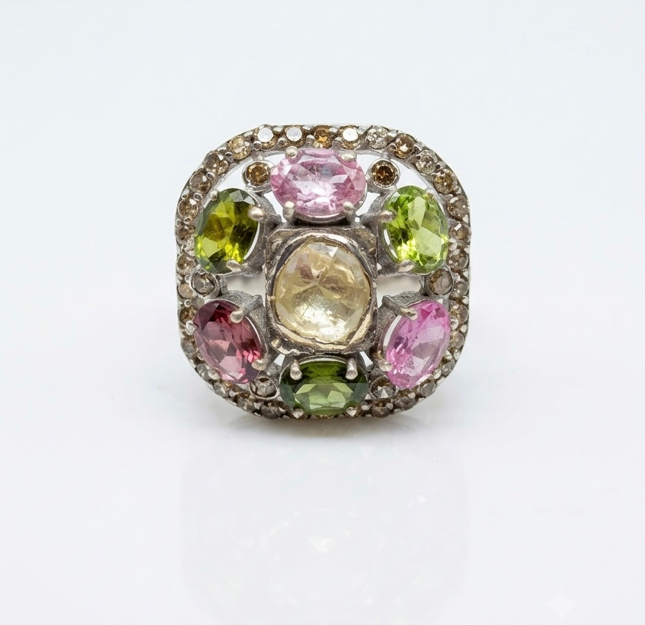 Natural Tourmaline Diamond Polki Ring in 925 Sterling Silver | Luxury Gemstone Jewellery