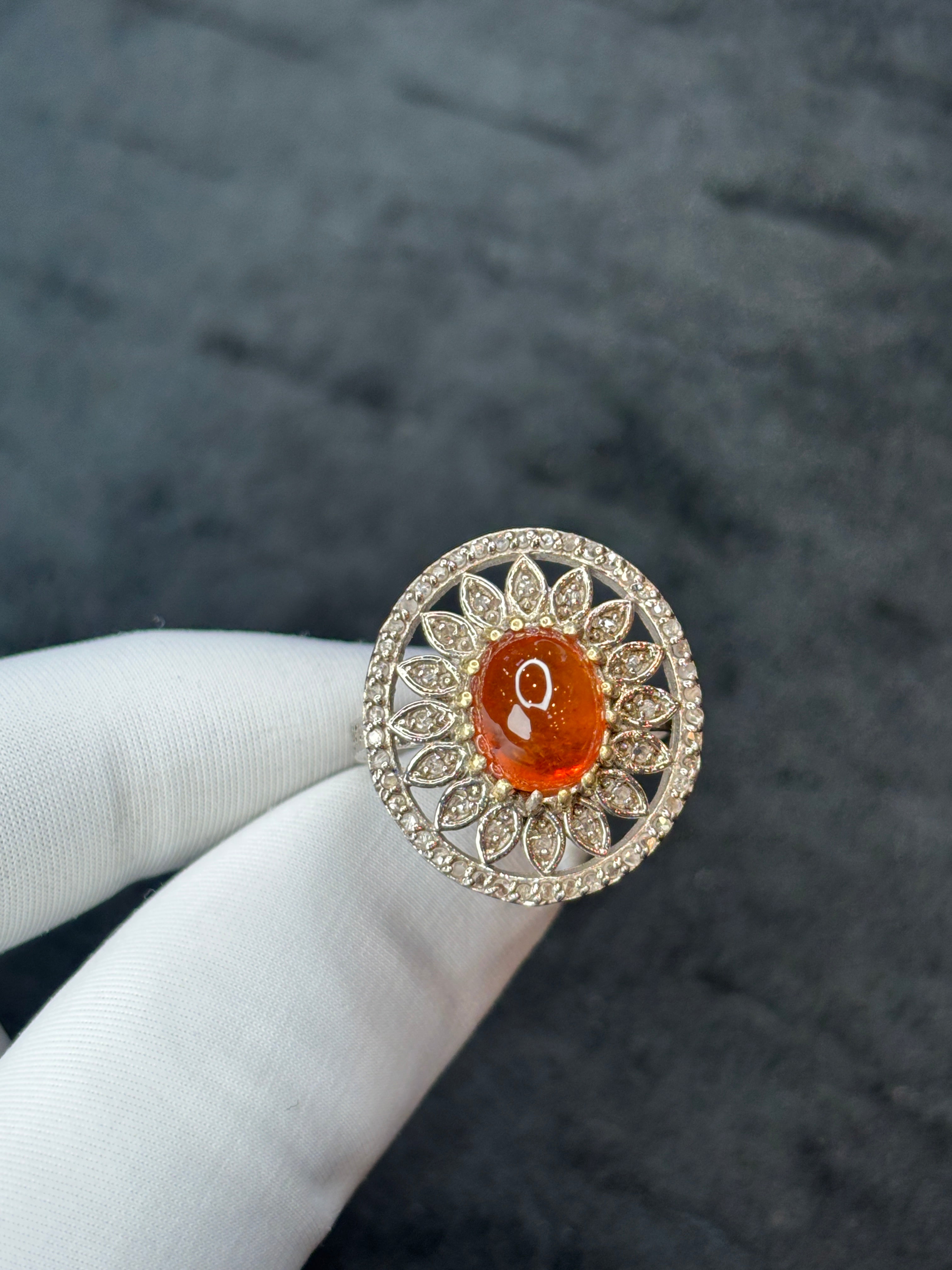 Handcrafted Mandarin Spessartite Garnet Sunburst Ring (5.95 Ct) – Natural Diamond Floral Medallion in Solid Silver