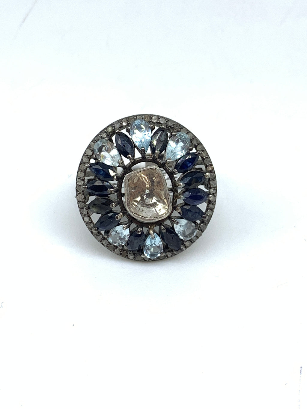 Diamond Polki, Blue Topaz or Blue Sapphire Ring in 925 Sterling Silver gemstone jewellery