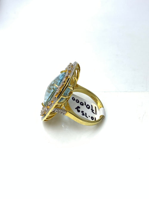 22 Ct Aquamarine & Diamond Enamel Ring in 925 Sterling Silver | Handmade Luxury Statement Cocktail Ring