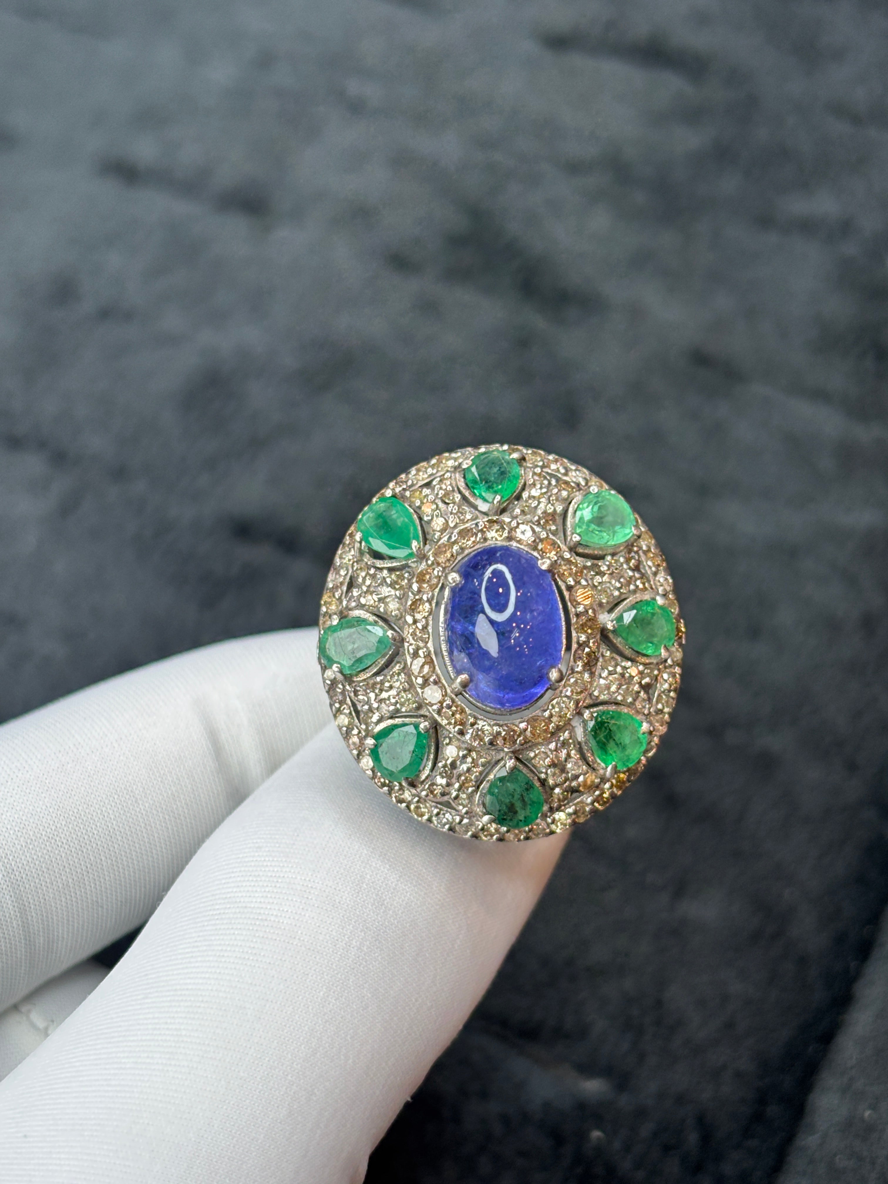 Oval Tanzanite Cabochon & Pear Emerald Diamond Cocktail Ring