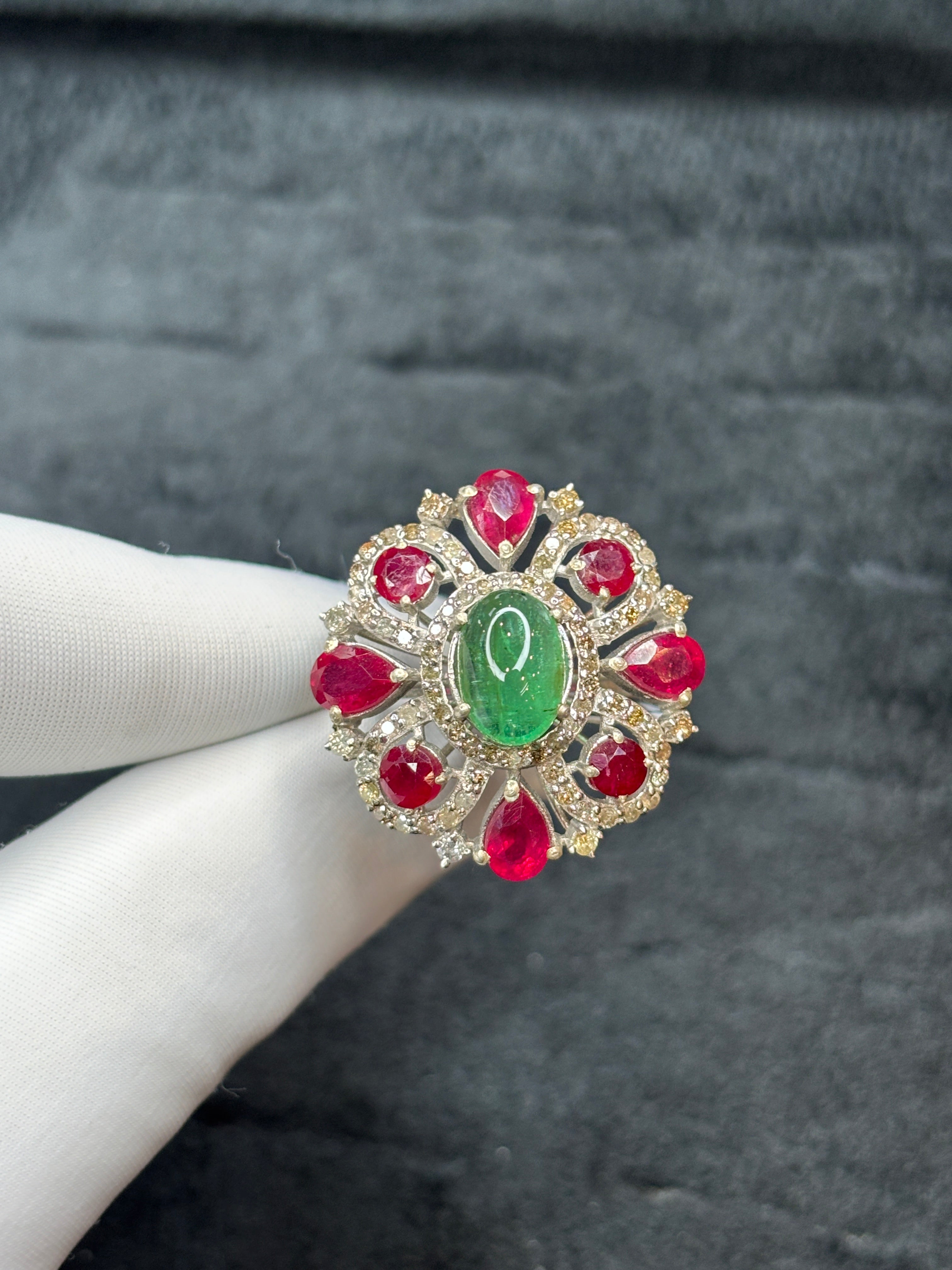 Emerald ,ruby , natural Dimond ring in silver