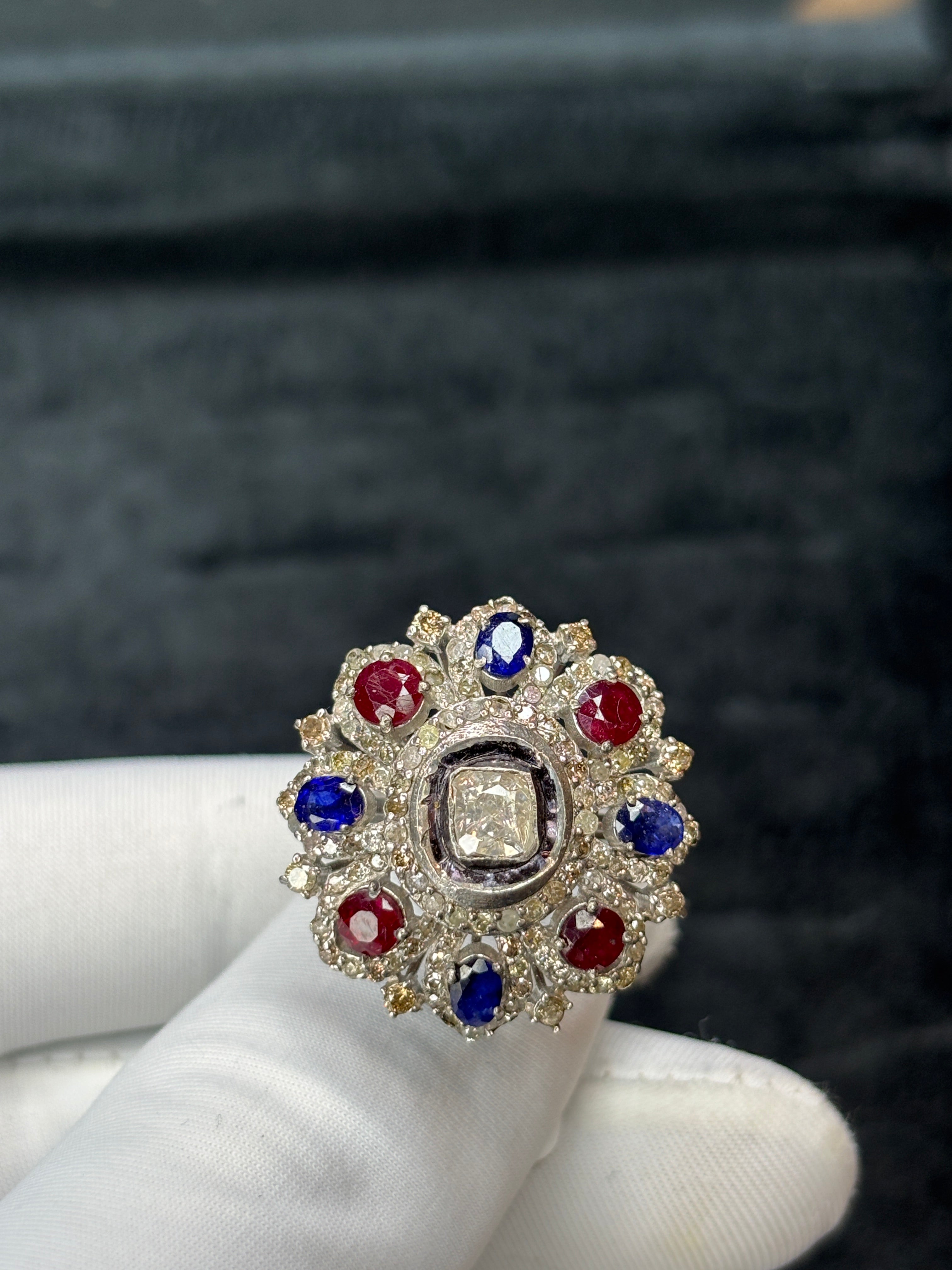 Ruby & Blue Sapphire Diamond Polki Vintage Statement Ring
