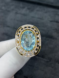 22 Ct Aquamarine & Diamond Enamel Ring in 925 Sterling Silver | Handmade Luxury Statement Cocktail Ring