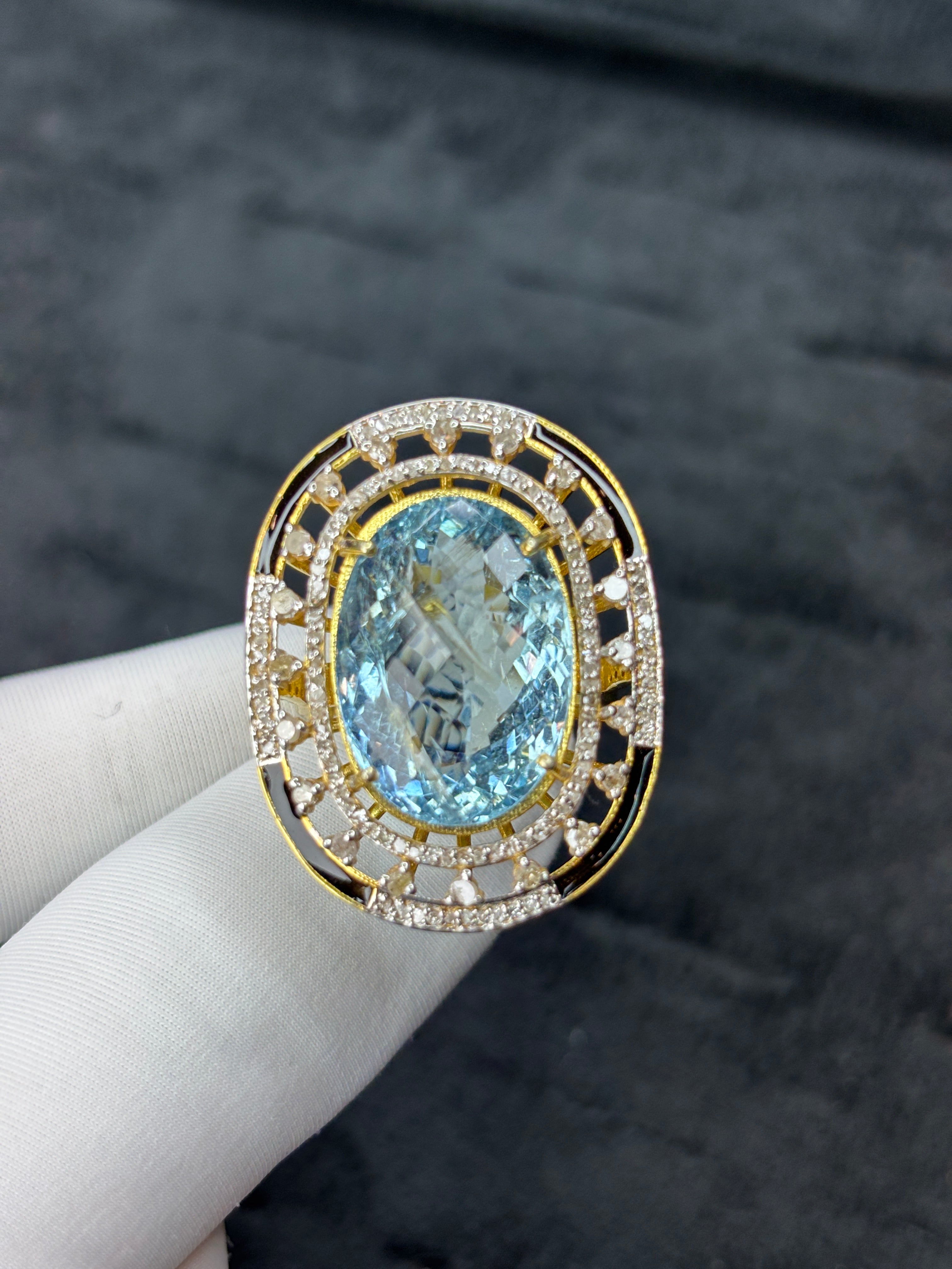 22 Ct Aquamarine & Diamond Enamel Ring in 925 Sterling Silver | Handmade Luxury Statement Cocktail Ring